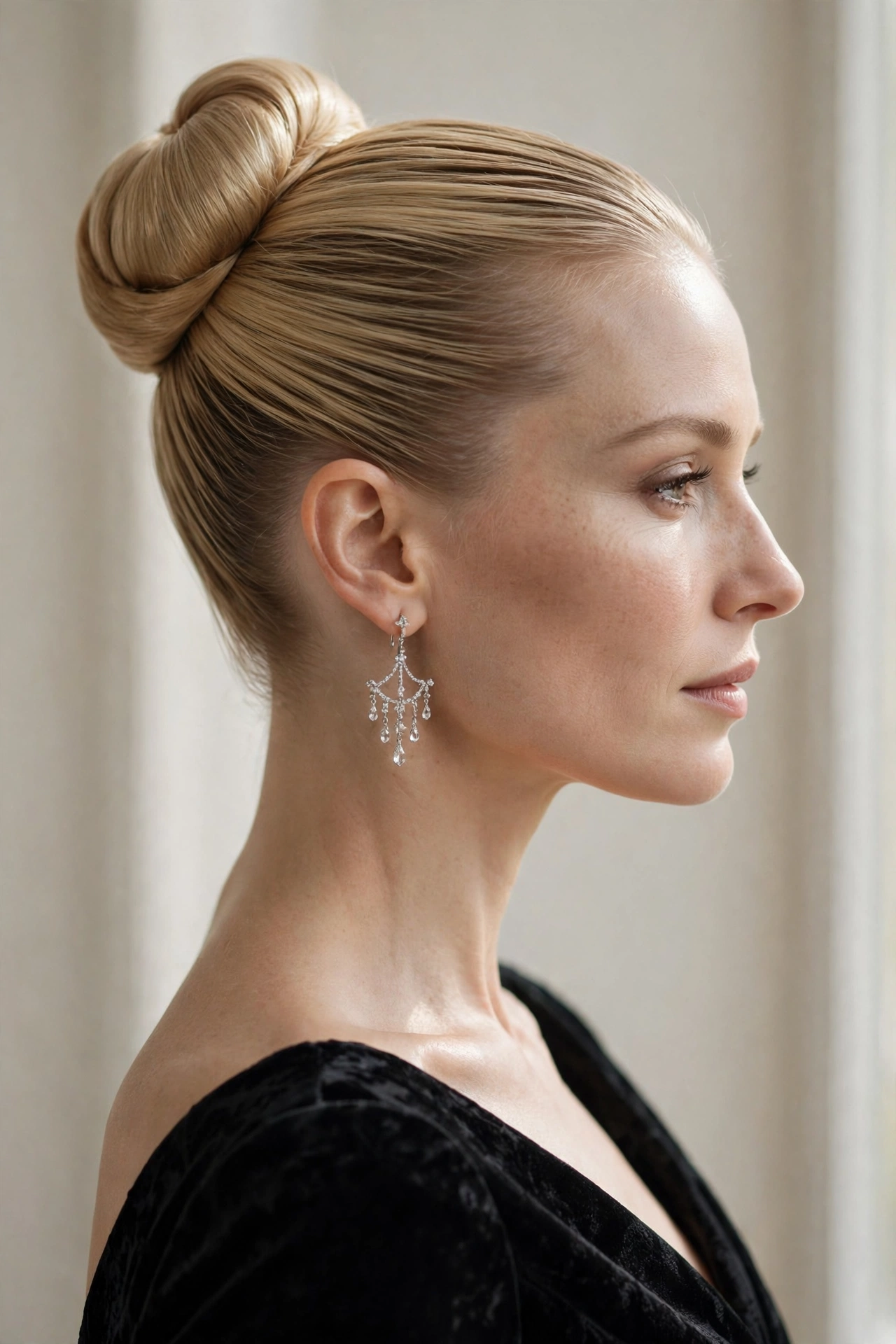 Sleek high ballerina bun updo hairstyle idea for formal events and galas