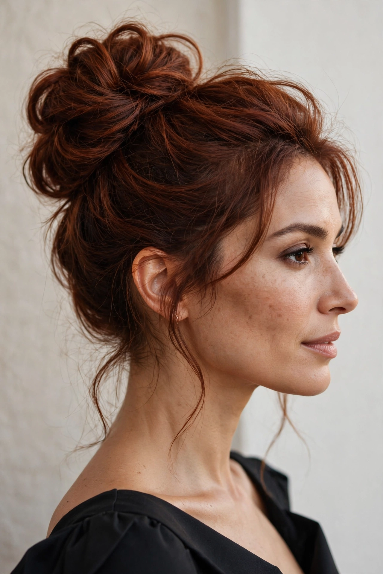 Voluminous textured high bun updo hairstyle idea for weddings and formal events