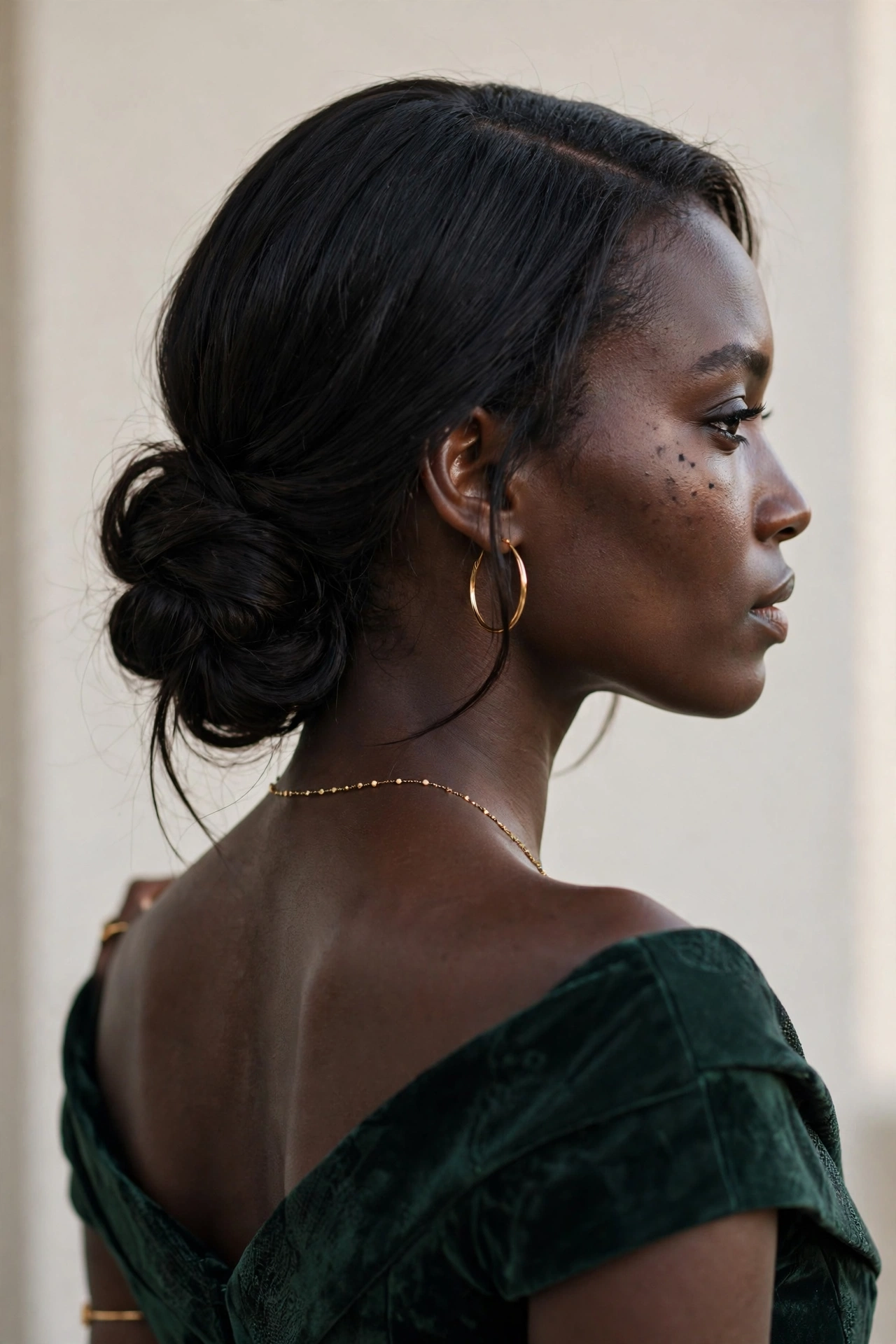 Side-swept low chignon updo hairstyle idea for weddings and evening events