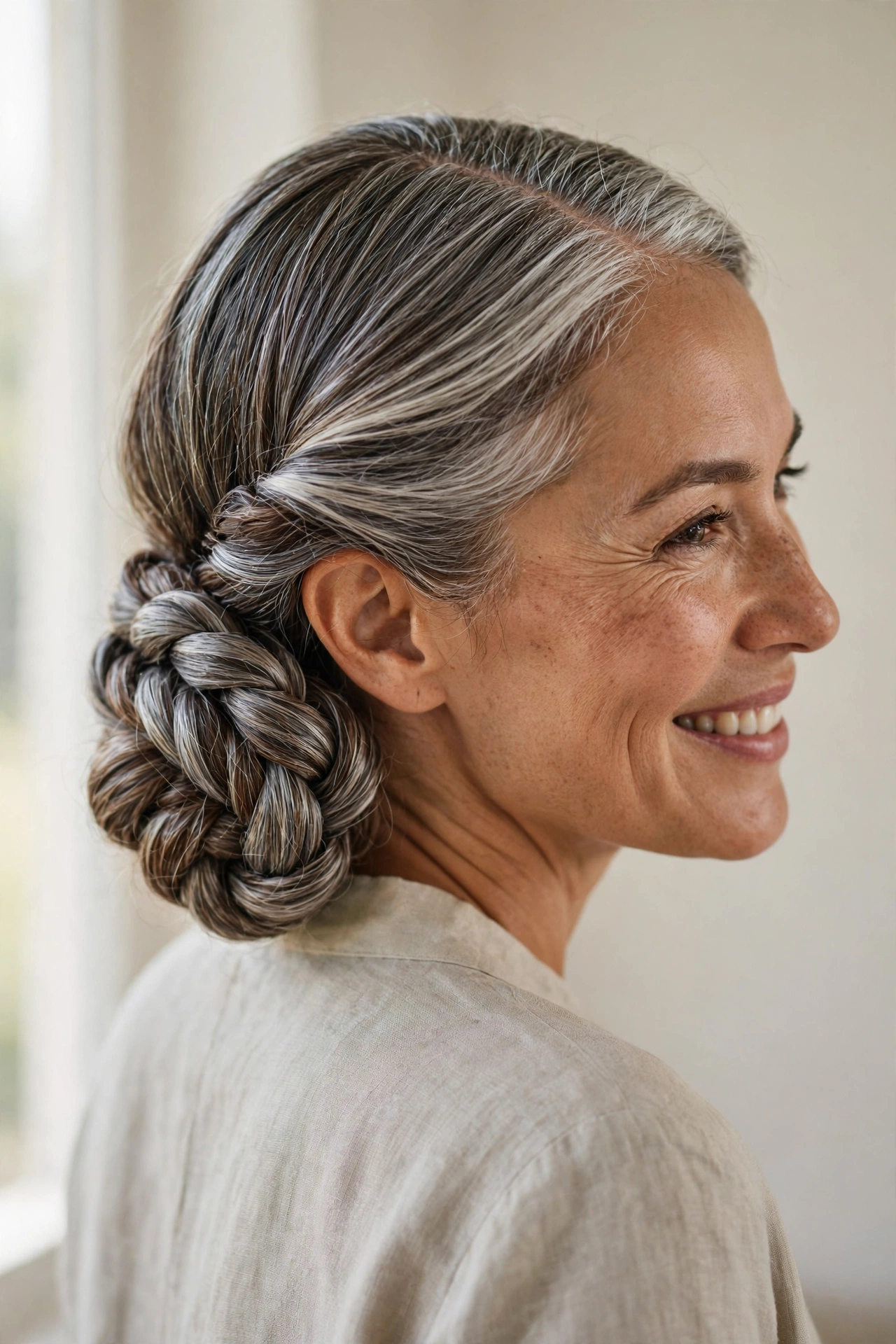 Braided low bun updo hairstyle idea with a rope braid for formal events