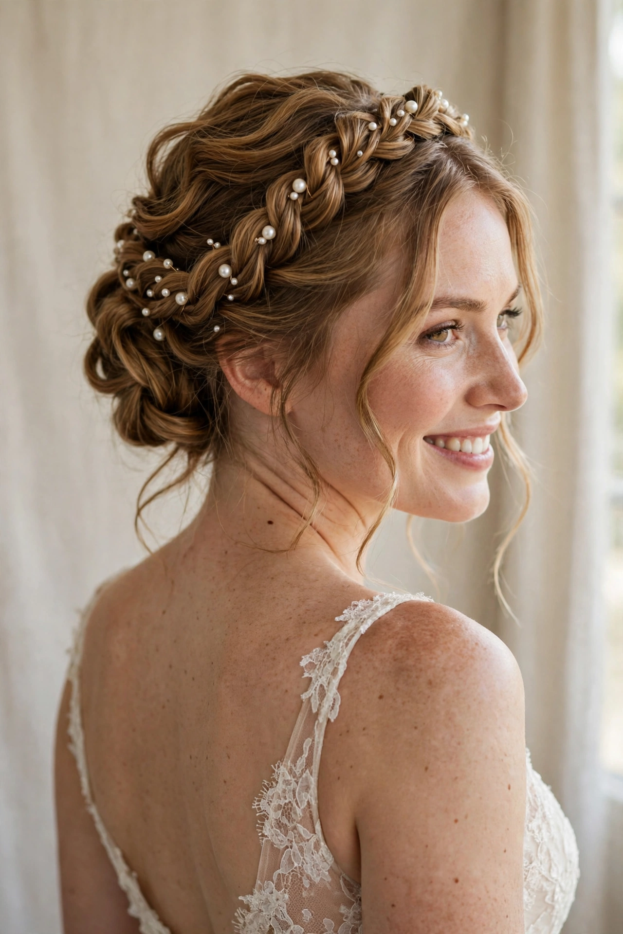 Twisted halo updo with pearl pins, a bridal updo hairstyle idea for weddings