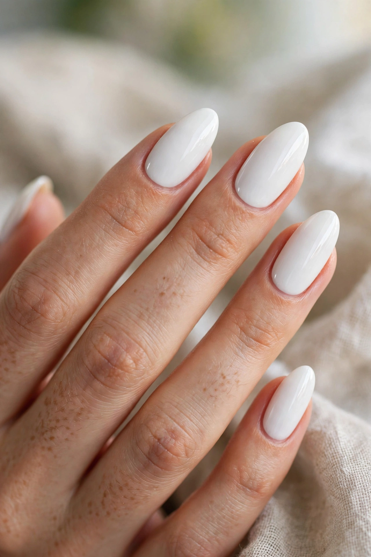 Crisp white nail designs on elegant almond shaped nails with glossy finish