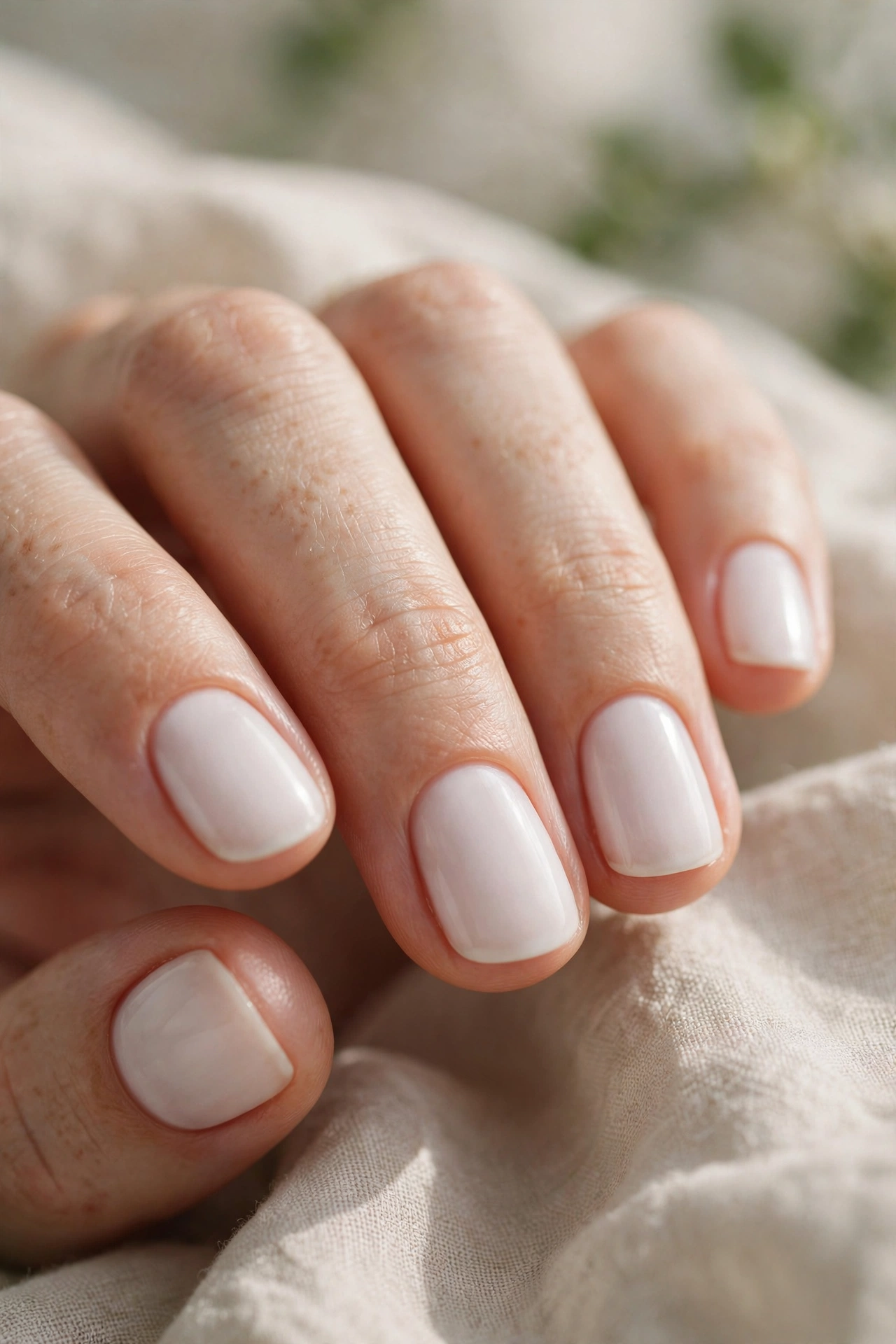 Milky white nail designs on short natural nails for a soft everyday look