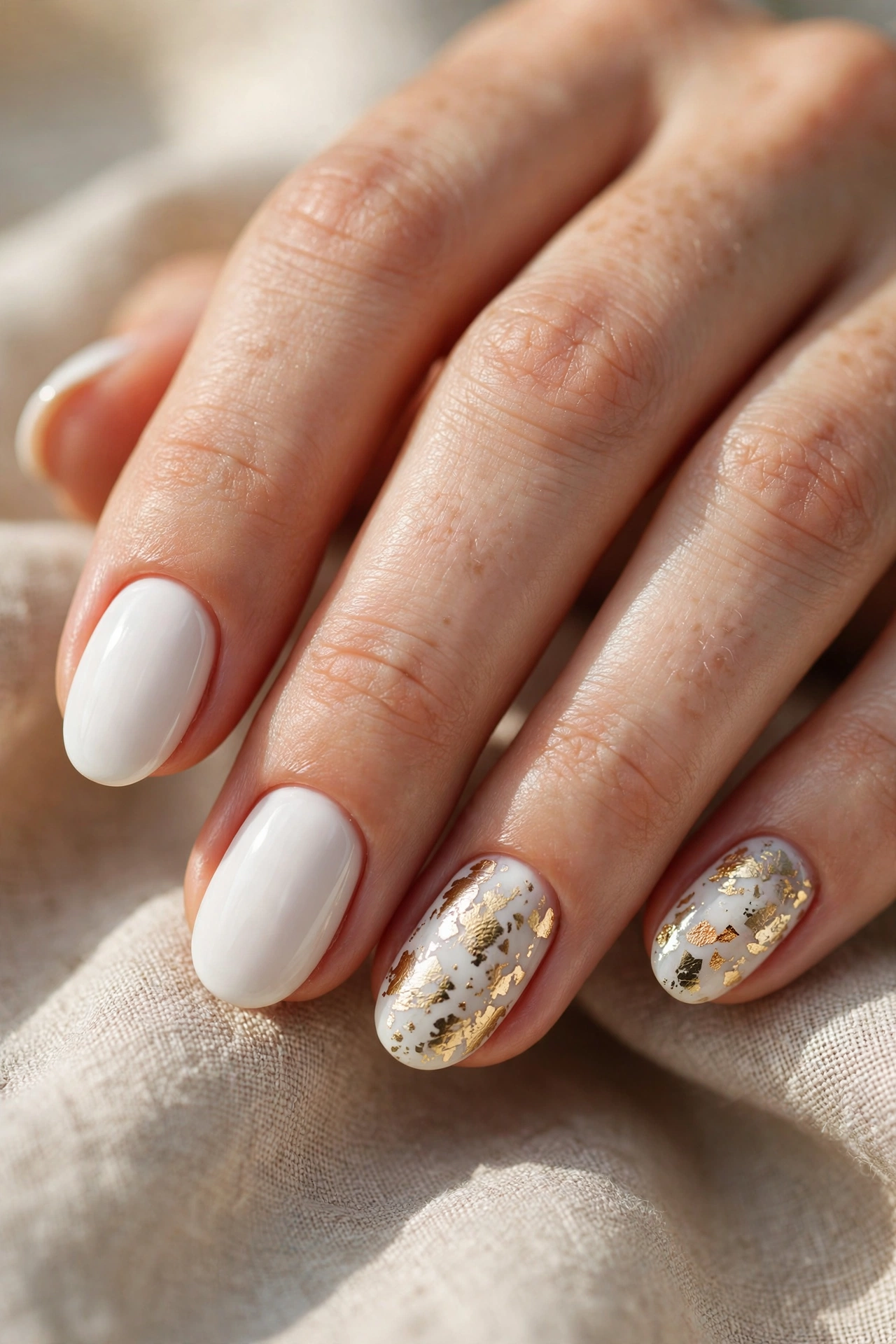 White and gold nail designs with metallic foil flakes on elegant white nails