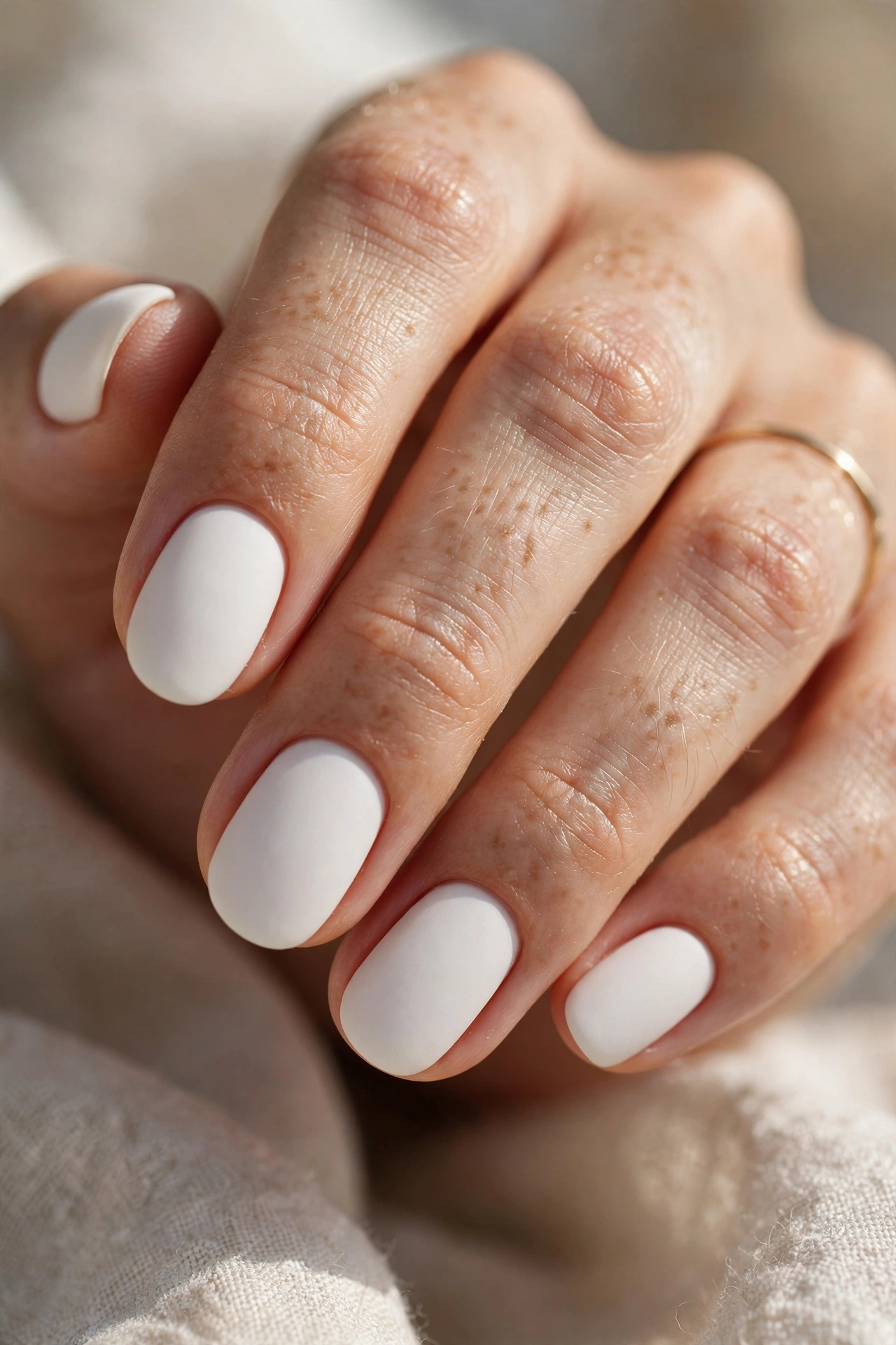Matte white nail designs with a velvety flat finish on short square nails