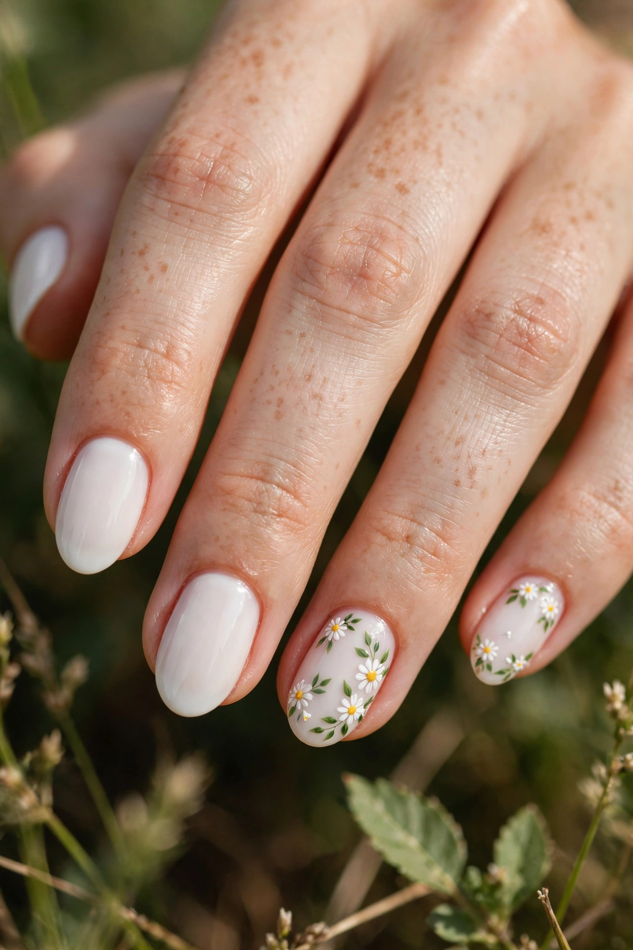 White daisy nail designs with hand painted floral art on a nude base