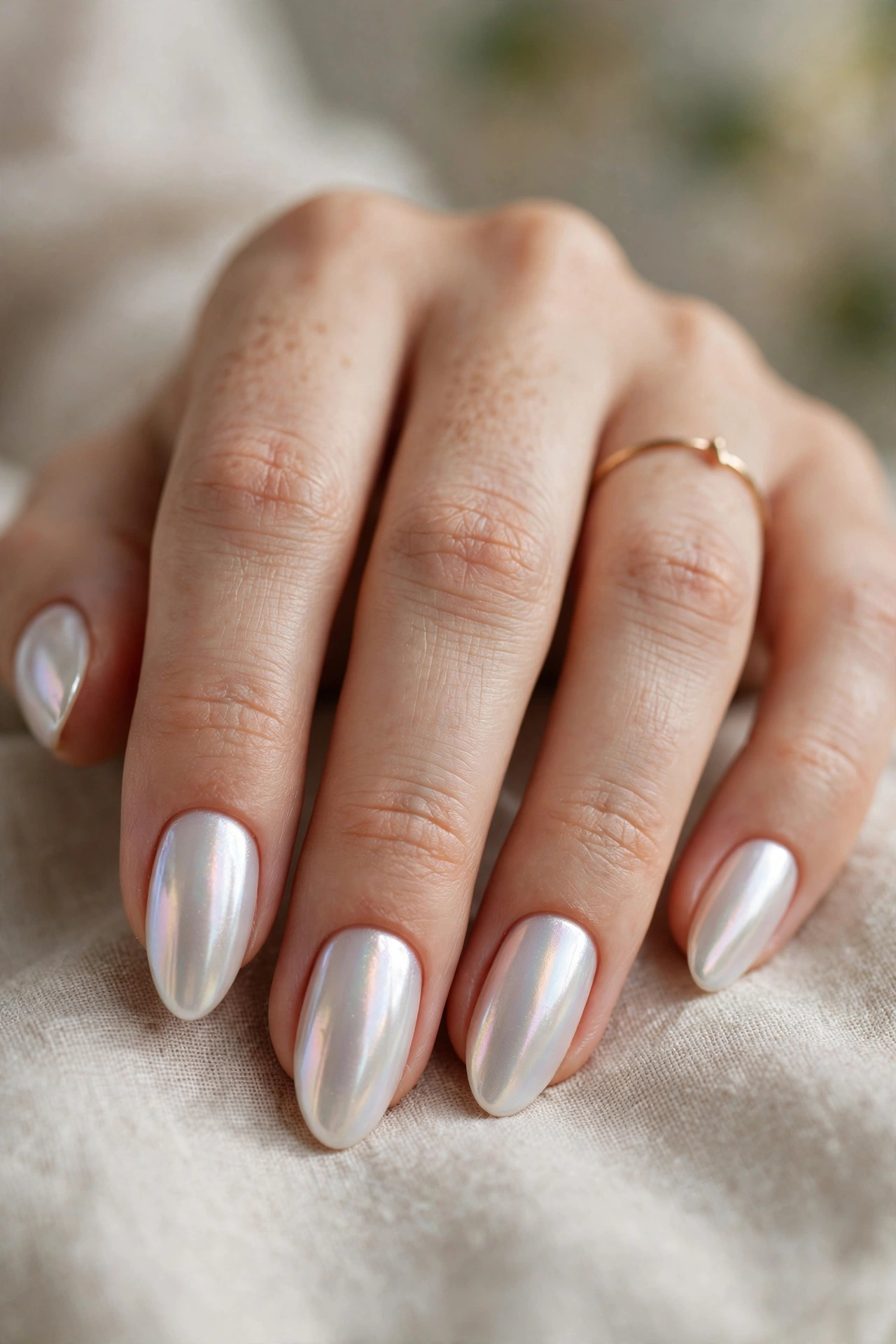 Pearl white chrome nail designs with an iridescent glazed finish