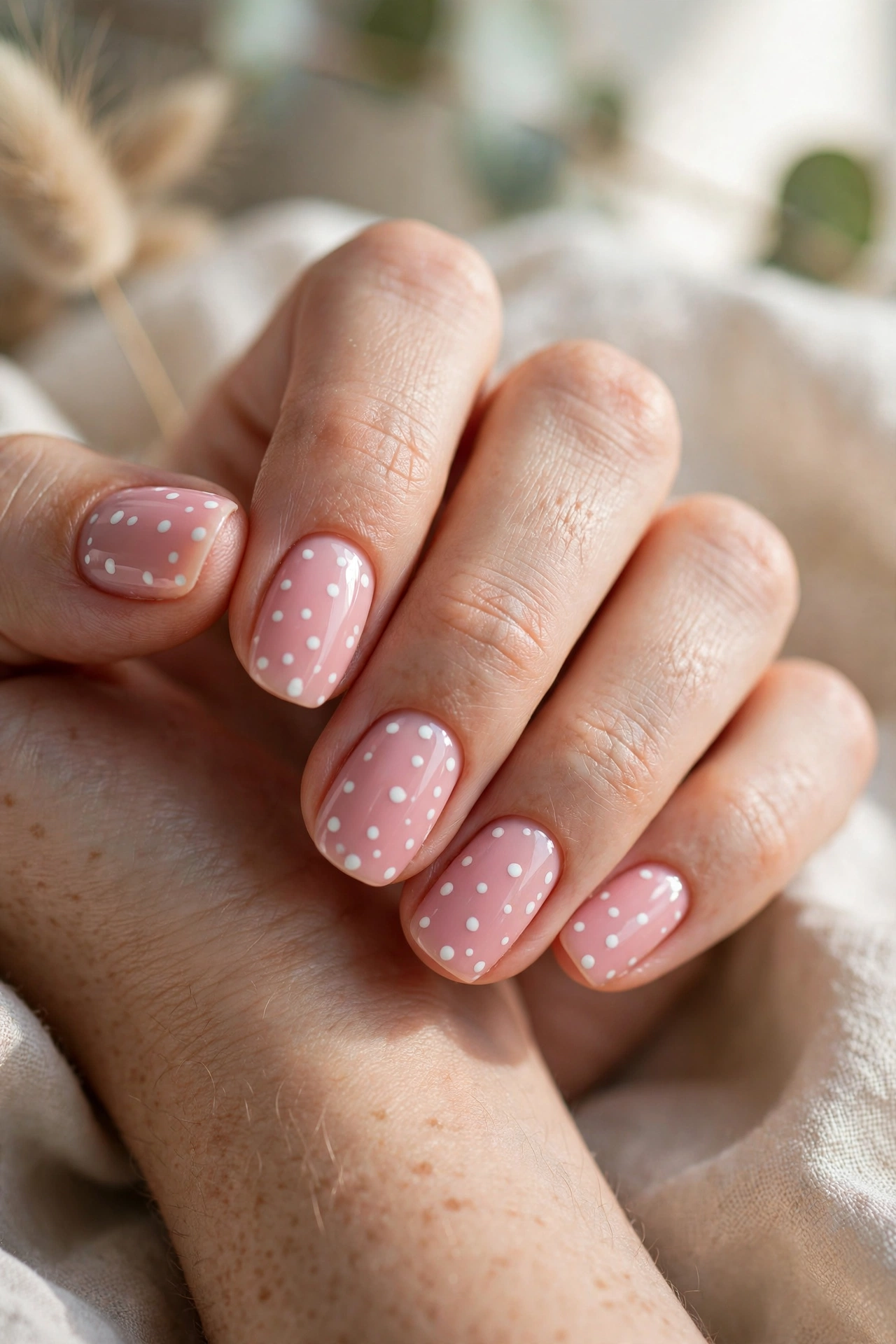 White polka dot nail designs with playful dot patterns on glossy nails