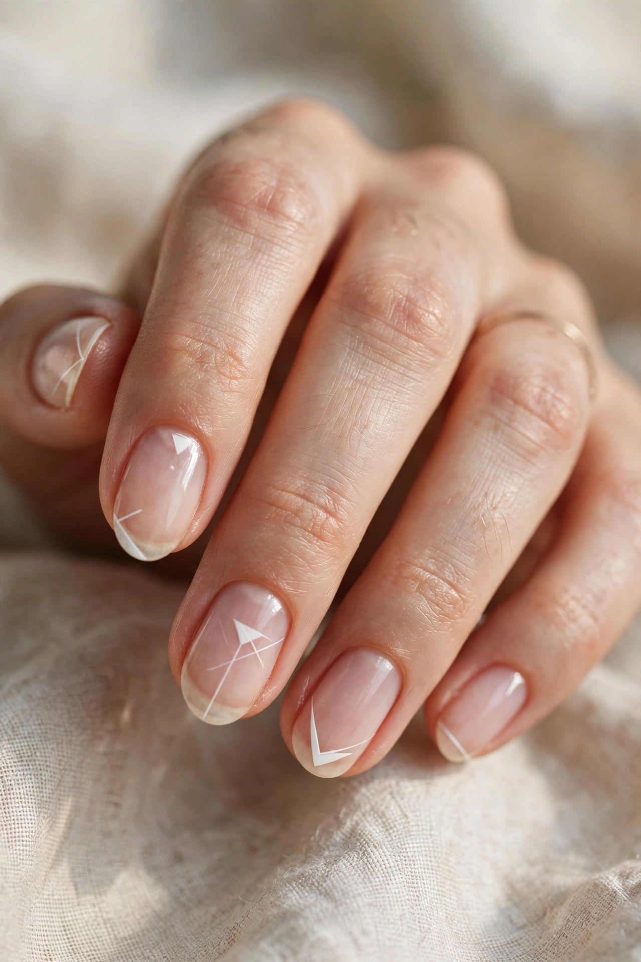 White negative space nail designs with geometric white shapes on bare nails
