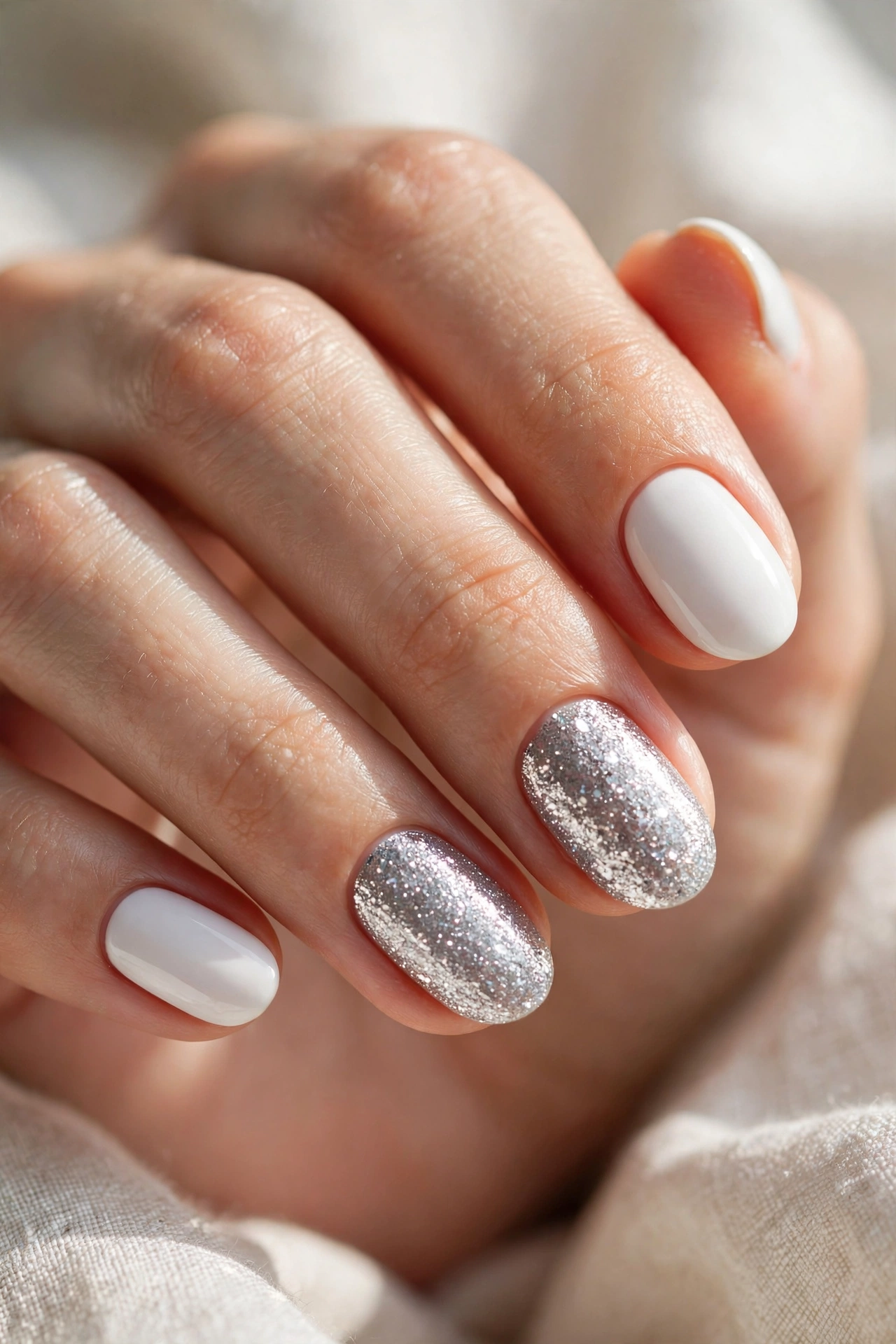 White glitter nail designs with sparkling accent nails paired with solid white