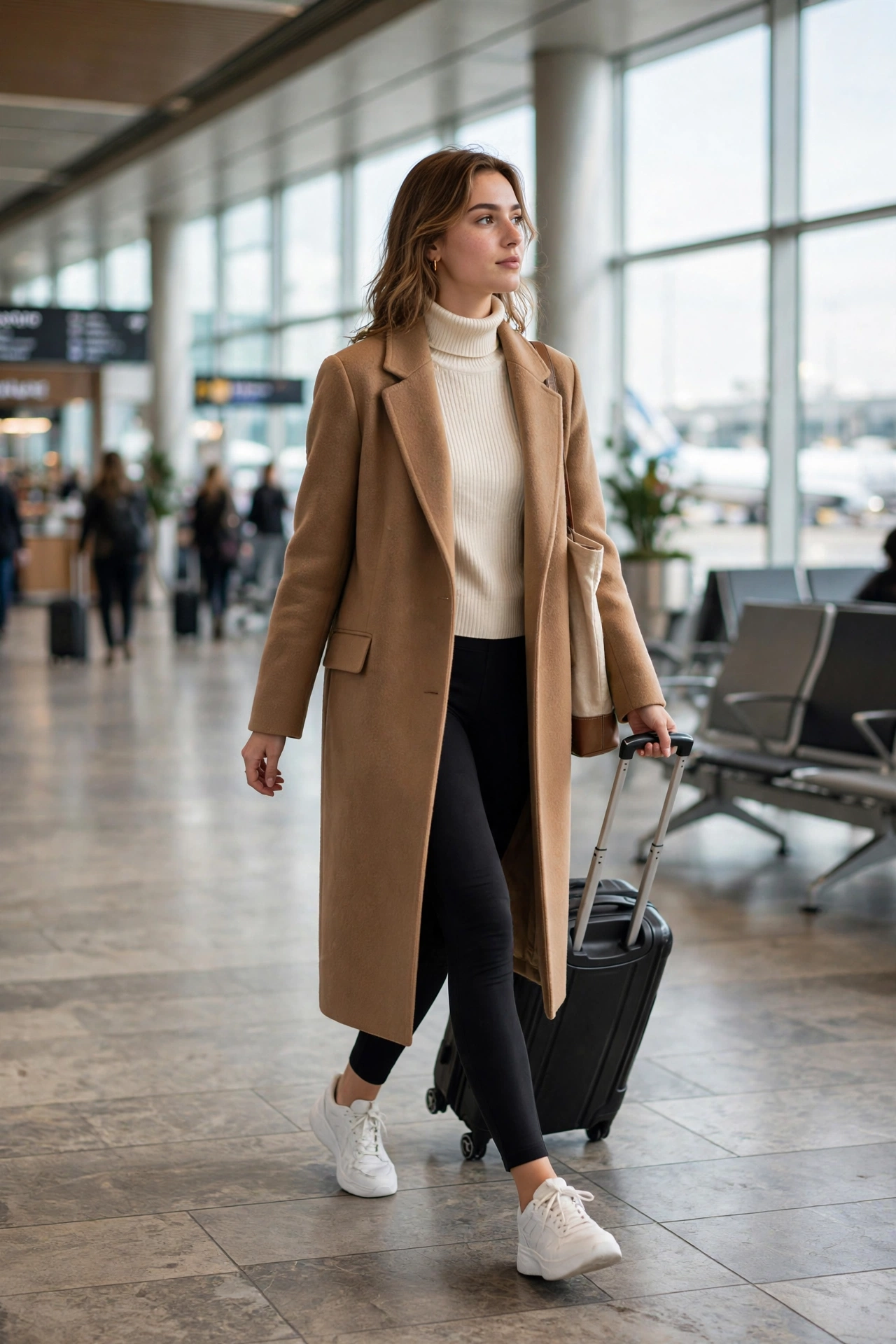 Woman wearing a beige matching knit sweater and joggers set with slip-on sneakers at the airport