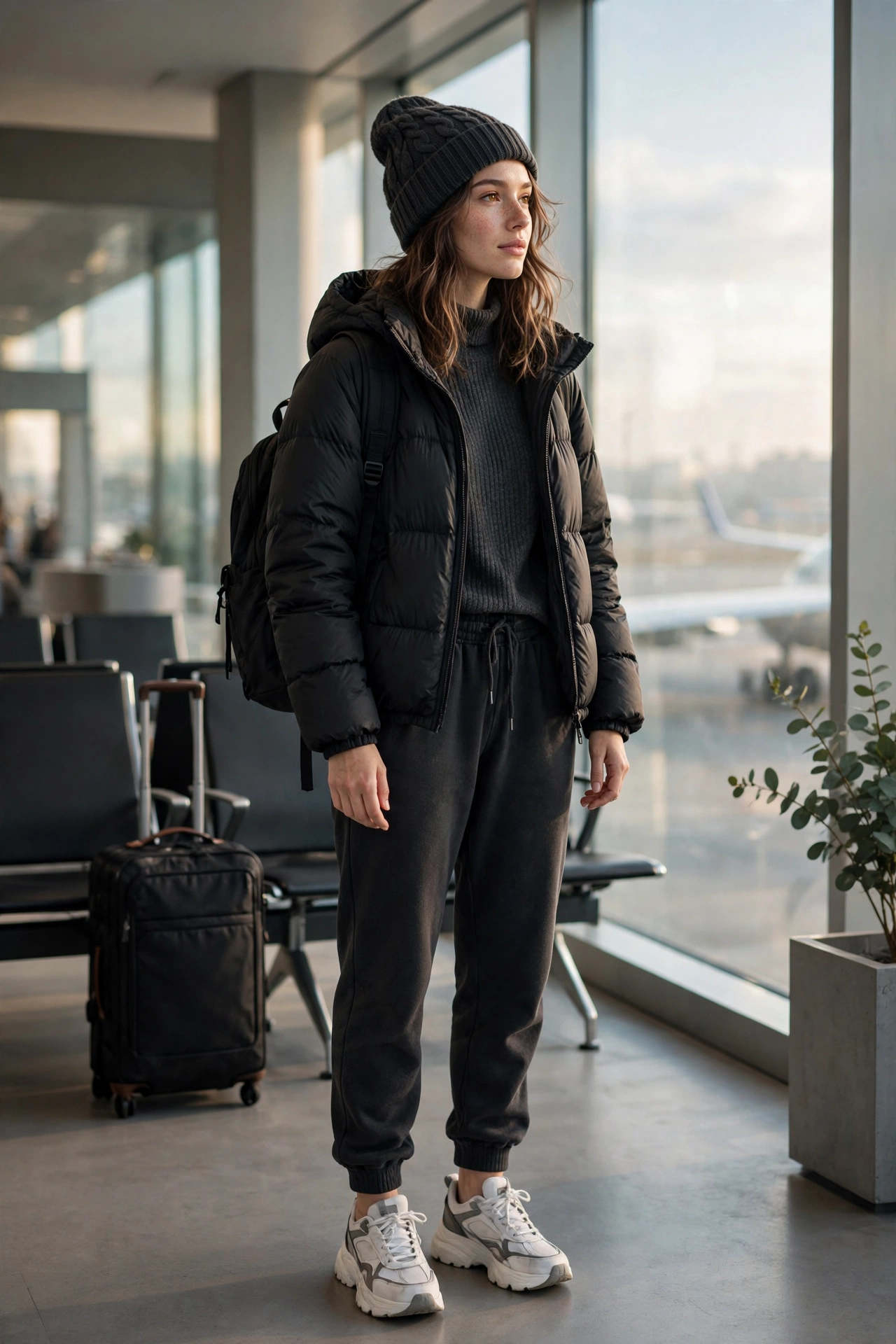 Woman in black leggings with an oversized cream sweater and a long camel coat with sneakers