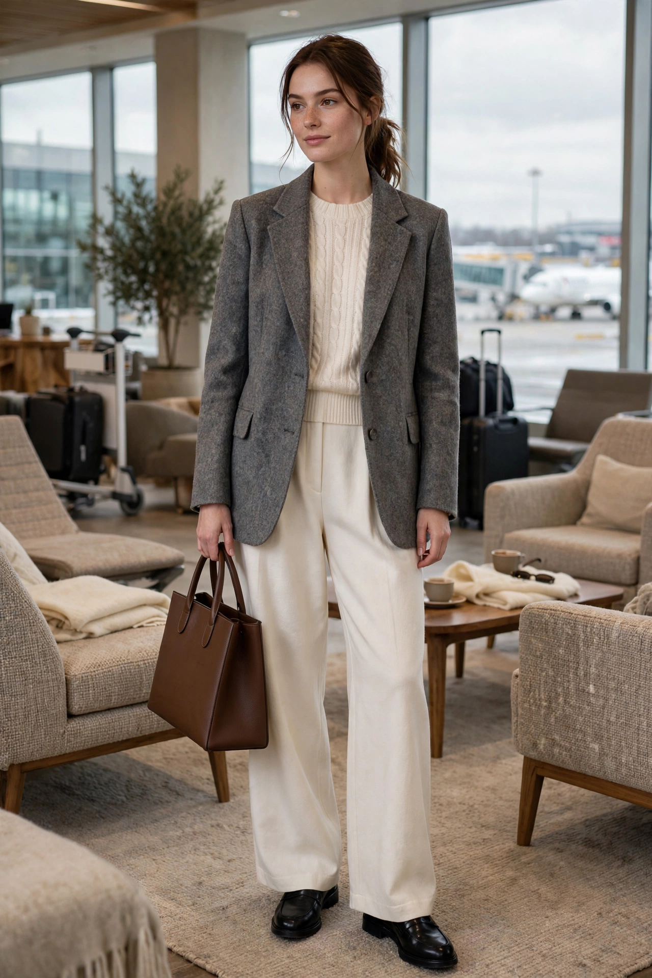 Woman wearing wide-leg travel pants with a fitted black turtleneck and loafers in an airport