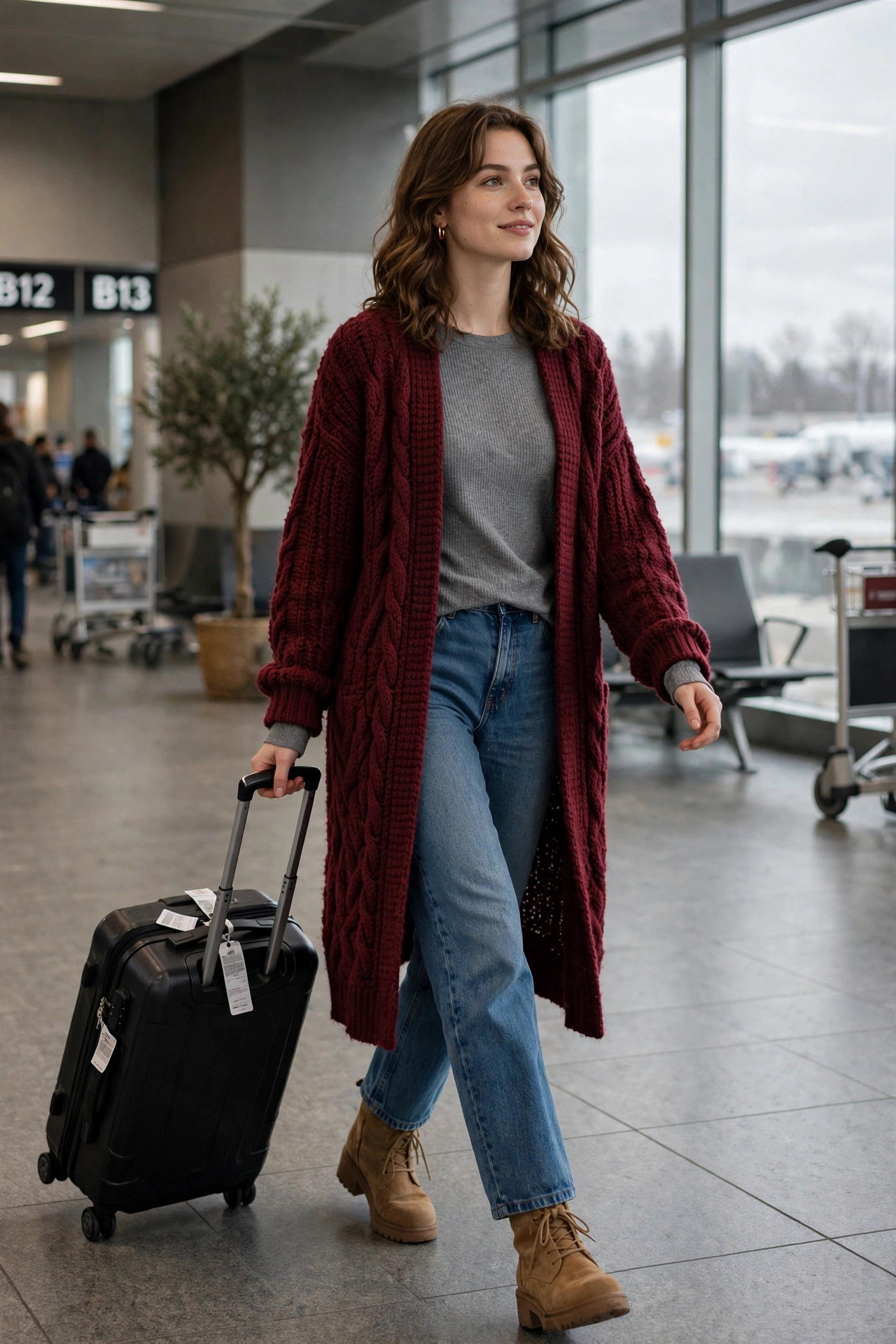 Woman wearing a sweater dress over leggings with ankle boots and a scarf at the airport
