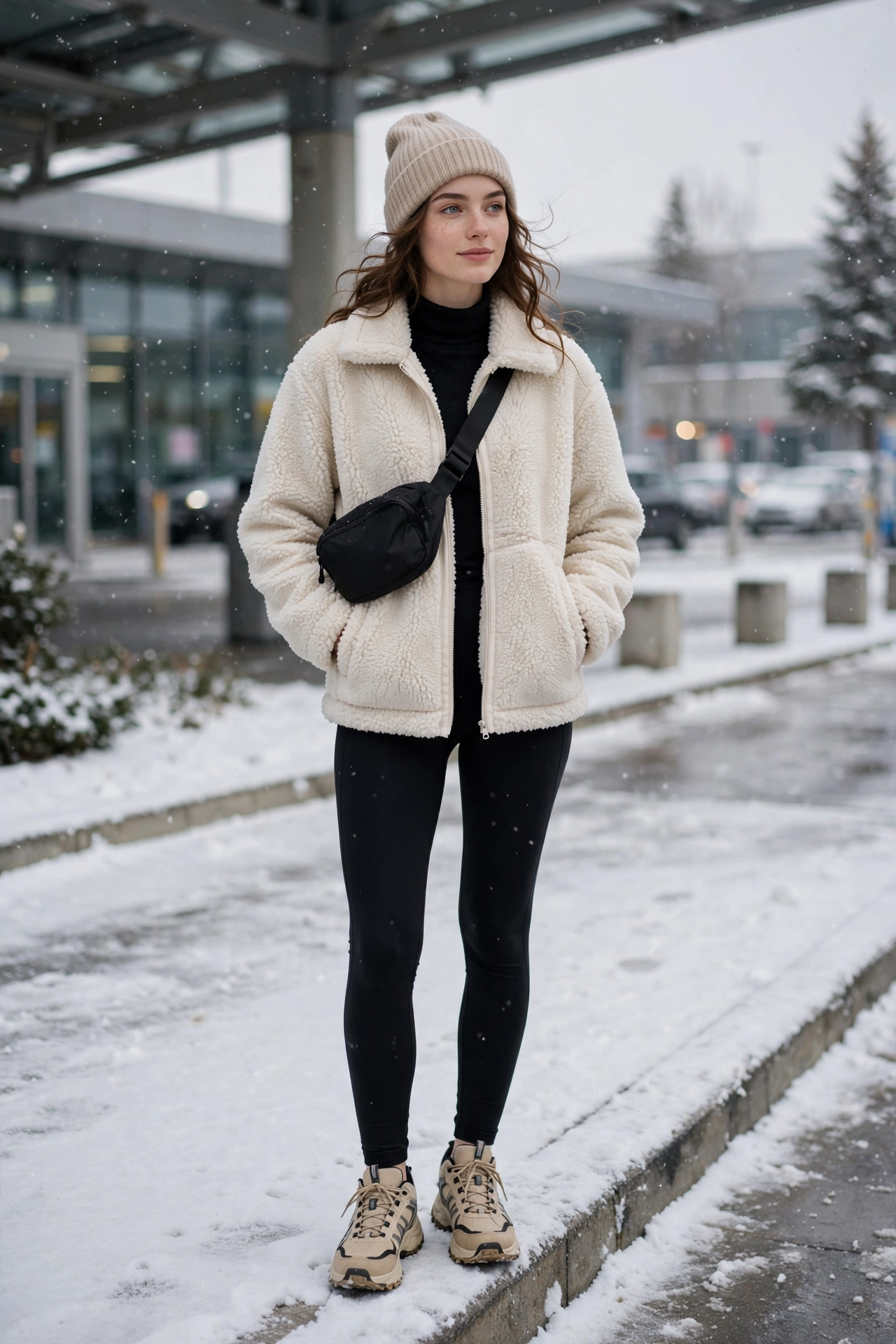 Woman in a turtleneck with a blazer and dark jeans with loafers at the airport gate