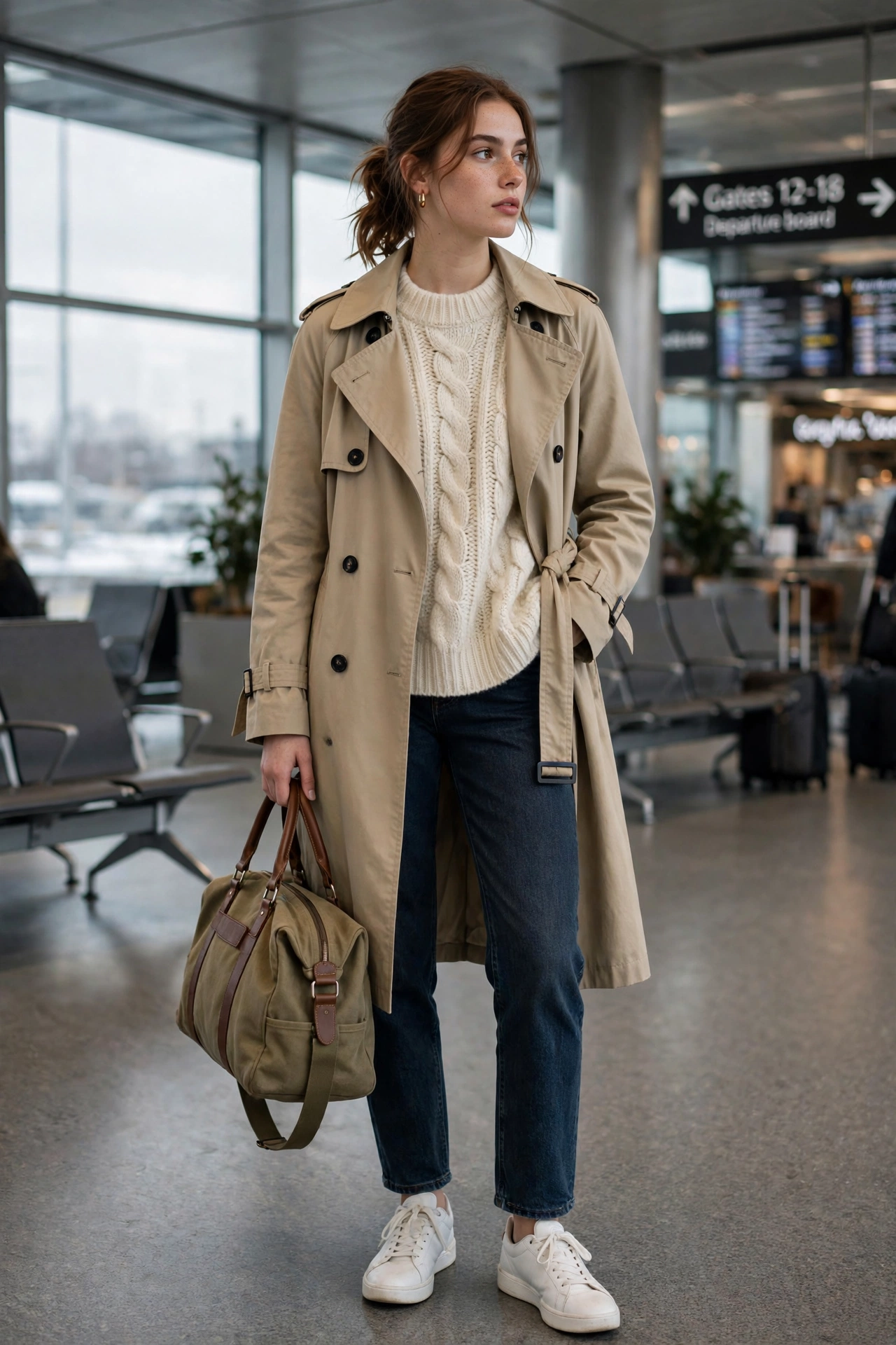 Woman wearing a thermal base layer under a flannel shirt with jeans and boots at the airport