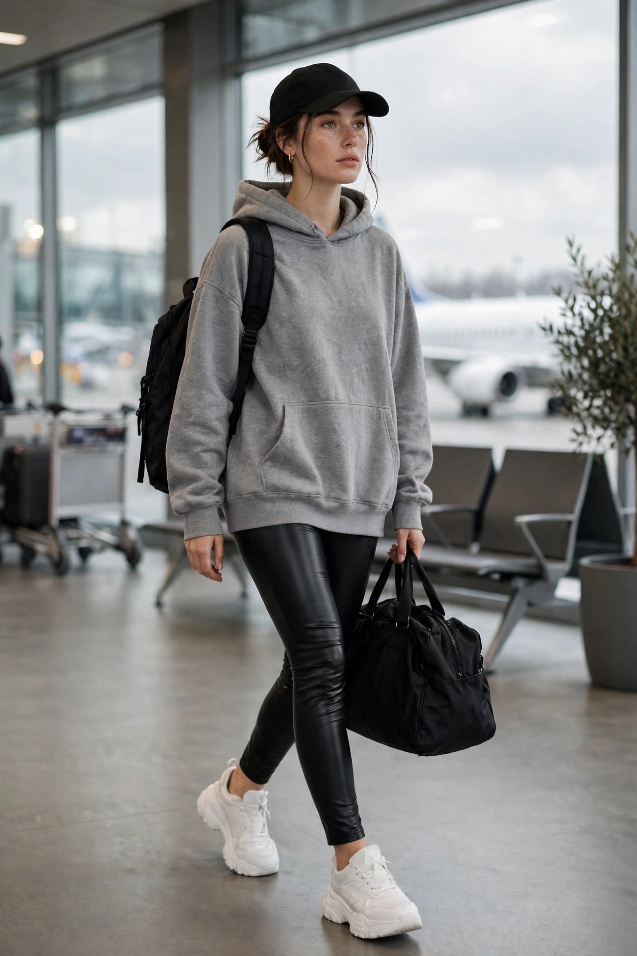 Woman in a cashmere sweater with black ponte pants and slip-on shoes in first class