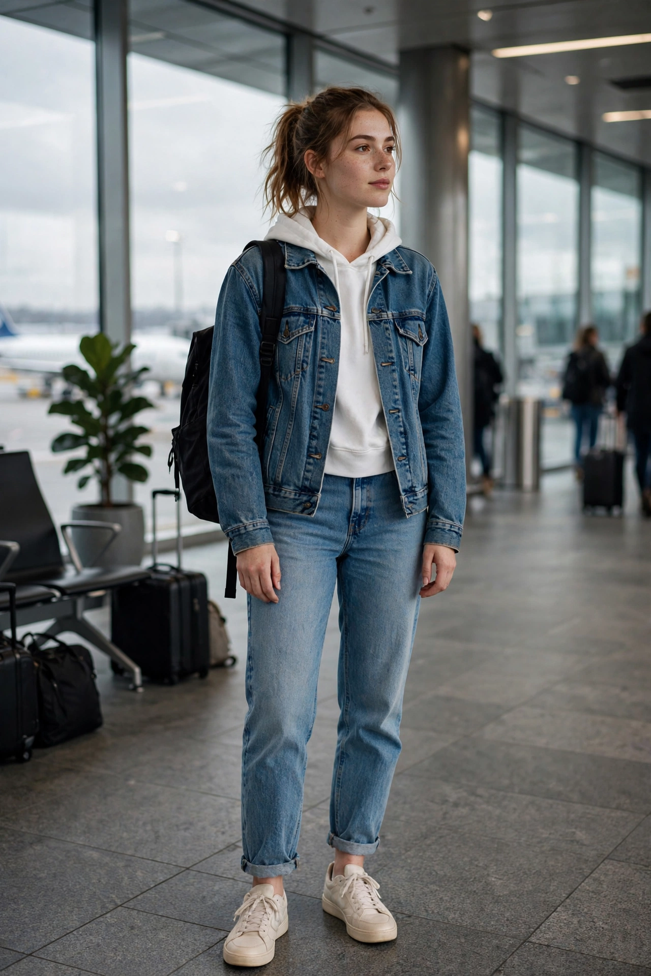 Woman wearing a quilted jacket with a knit midi skirt, tights and boots at the airport