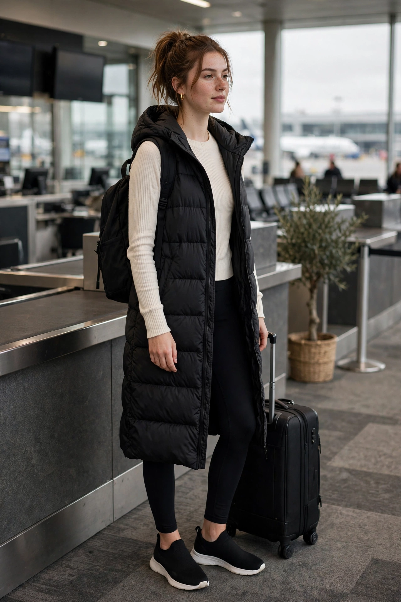 Woman in a mock neck top with faux leather leggings and sneakers in an airport lounge