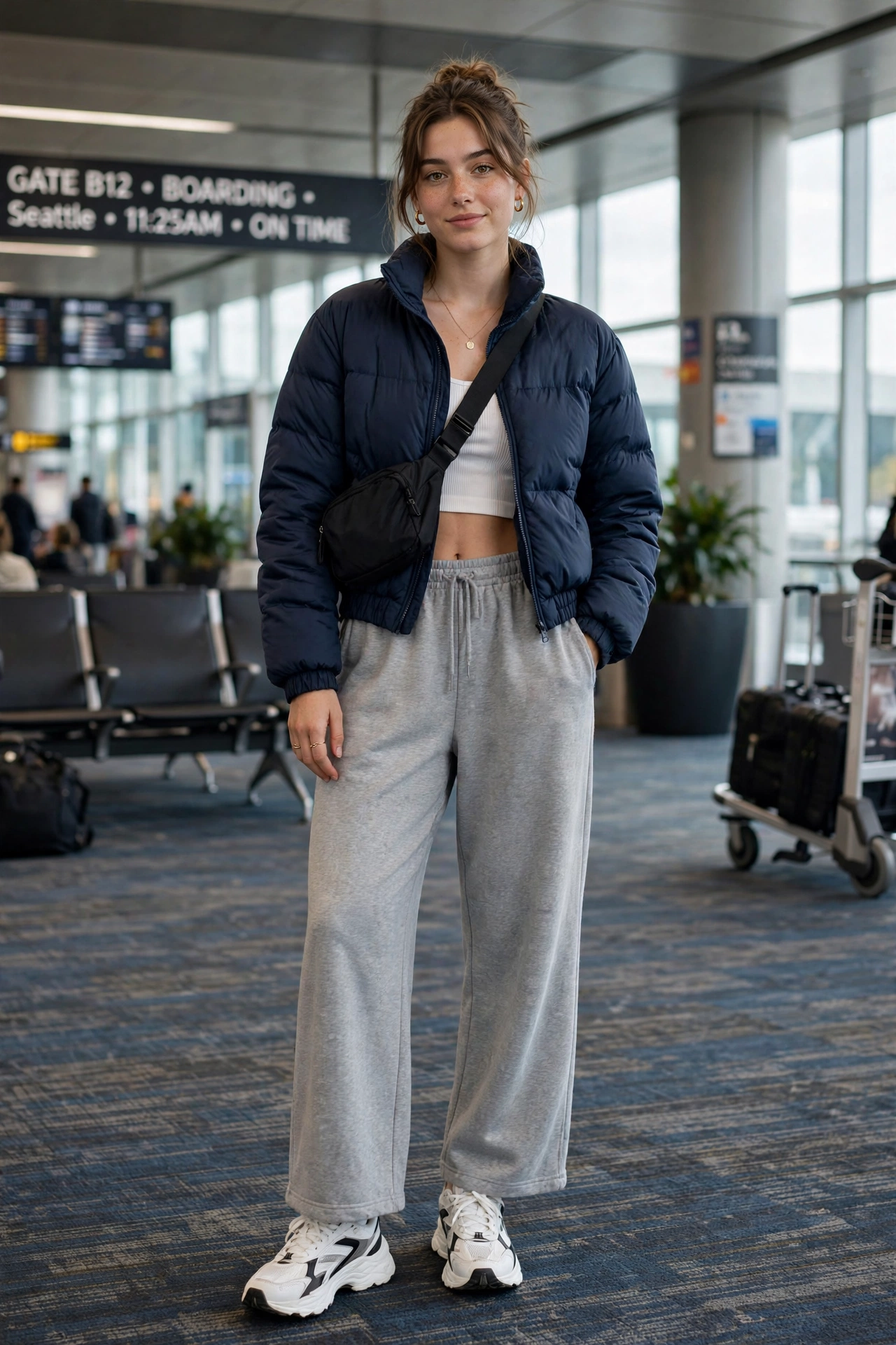 Woman in a fleece jacket with olive trail pants and hiking shoes at a mountain airport