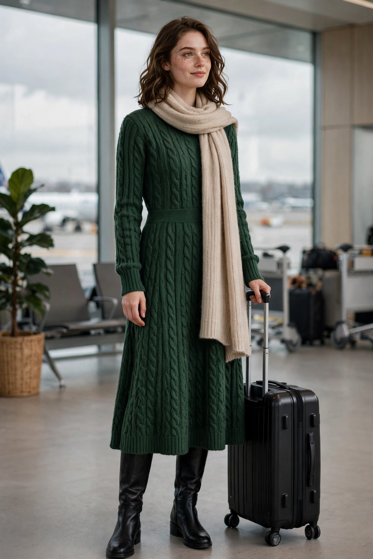 Woman in a camel wrap coat over a turtleneck with black leggings and boots at baggage claim