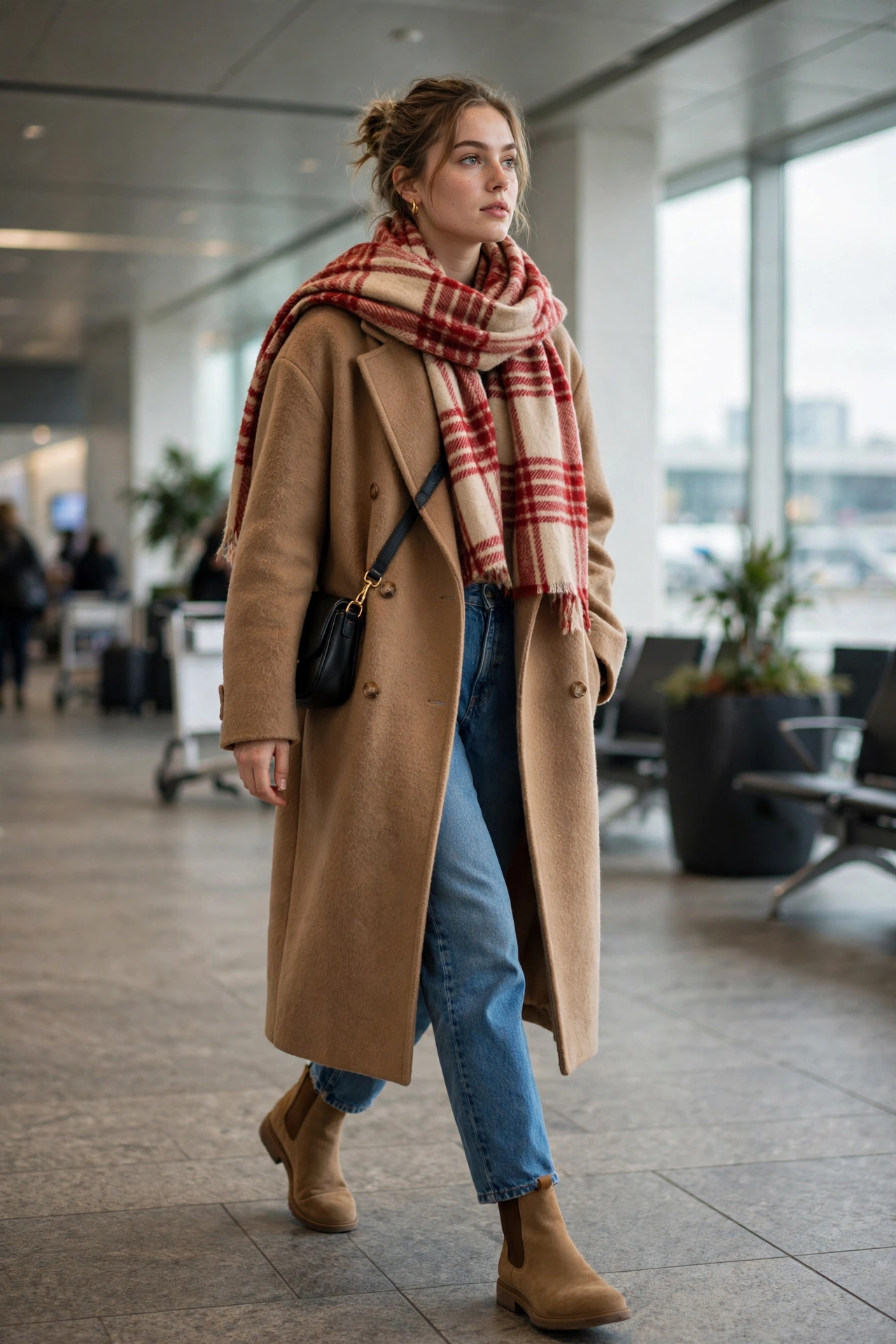 Woman wearing a denim jacket over a hoodie with joggers and sneakers at the airport