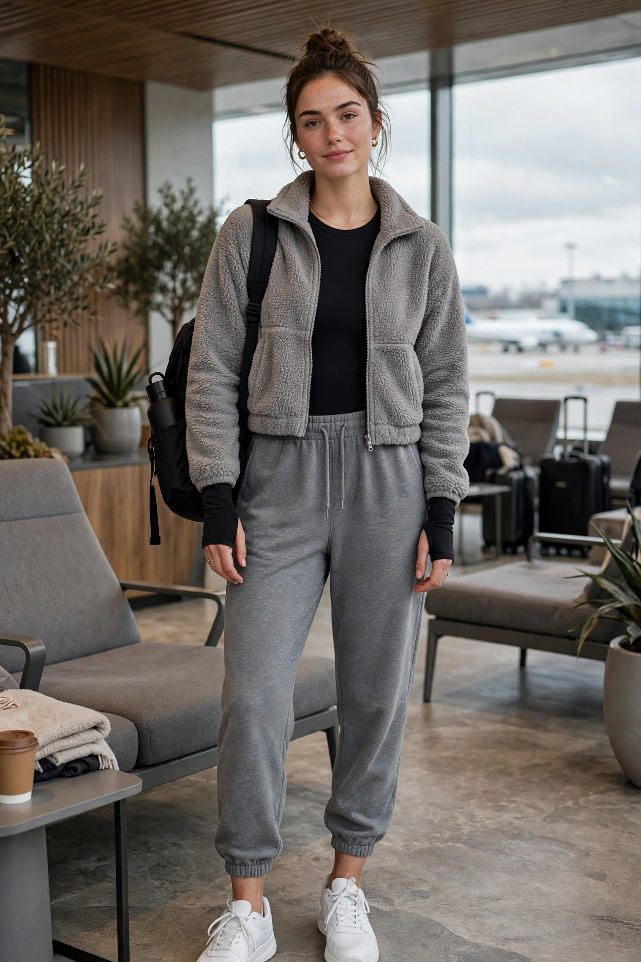 Woman in a turtleneck sweater with a large plaid scarf and jeans with boots at the airport