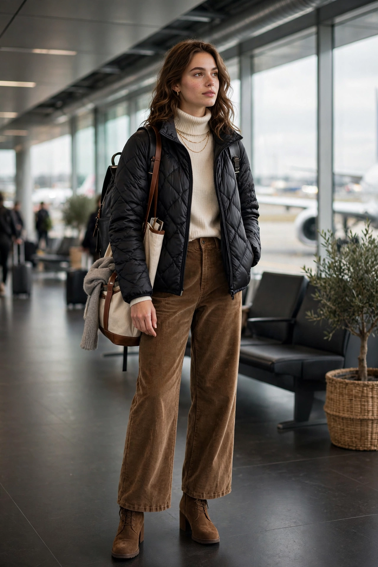 Woman in a puffer coat over a matching gray knit set with sneakers in a snowy airport
