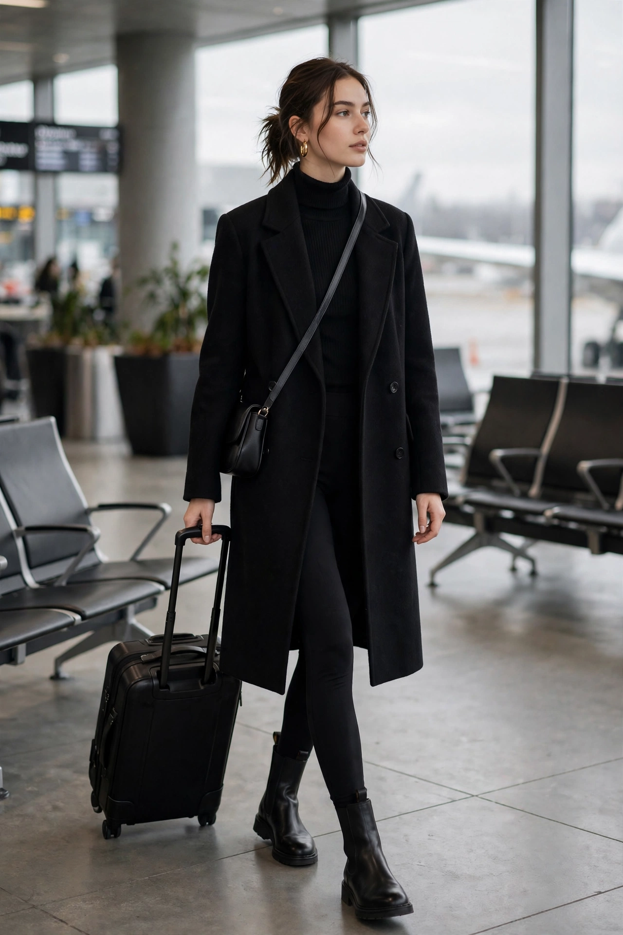 Woman in a shawl-collar cardigan with black ponte pants and loafers boarding a plane