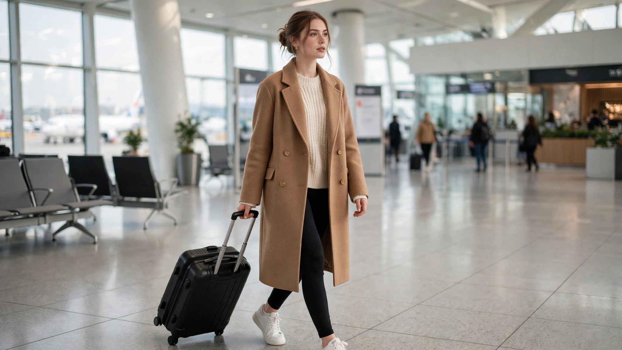 Woman in a comfy winter airport outfit with a long coat and sneakers walking through an airport terminal