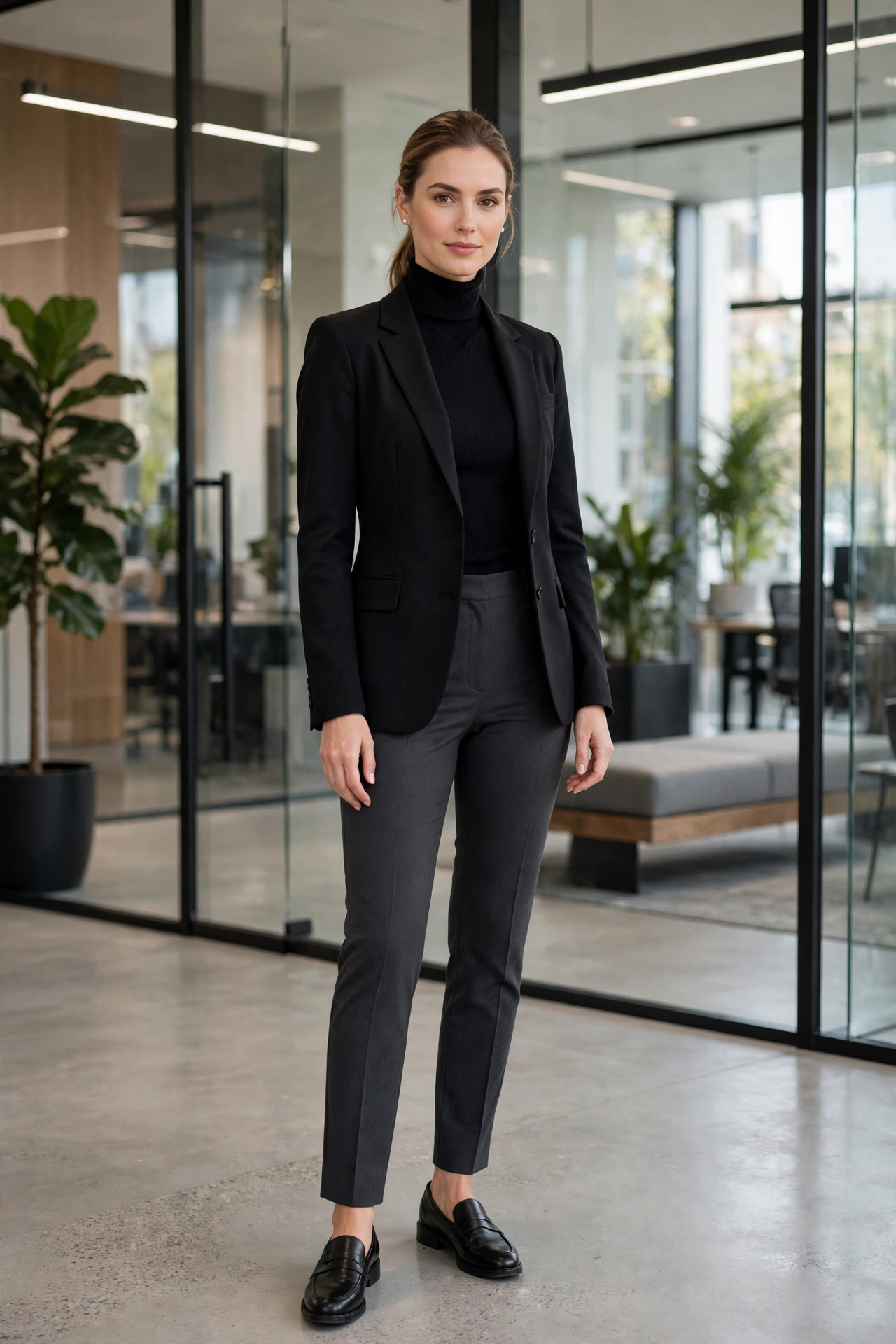 Professional woman in a black blazer, black turtleneck, and tailored trousers, classic winter office outfit