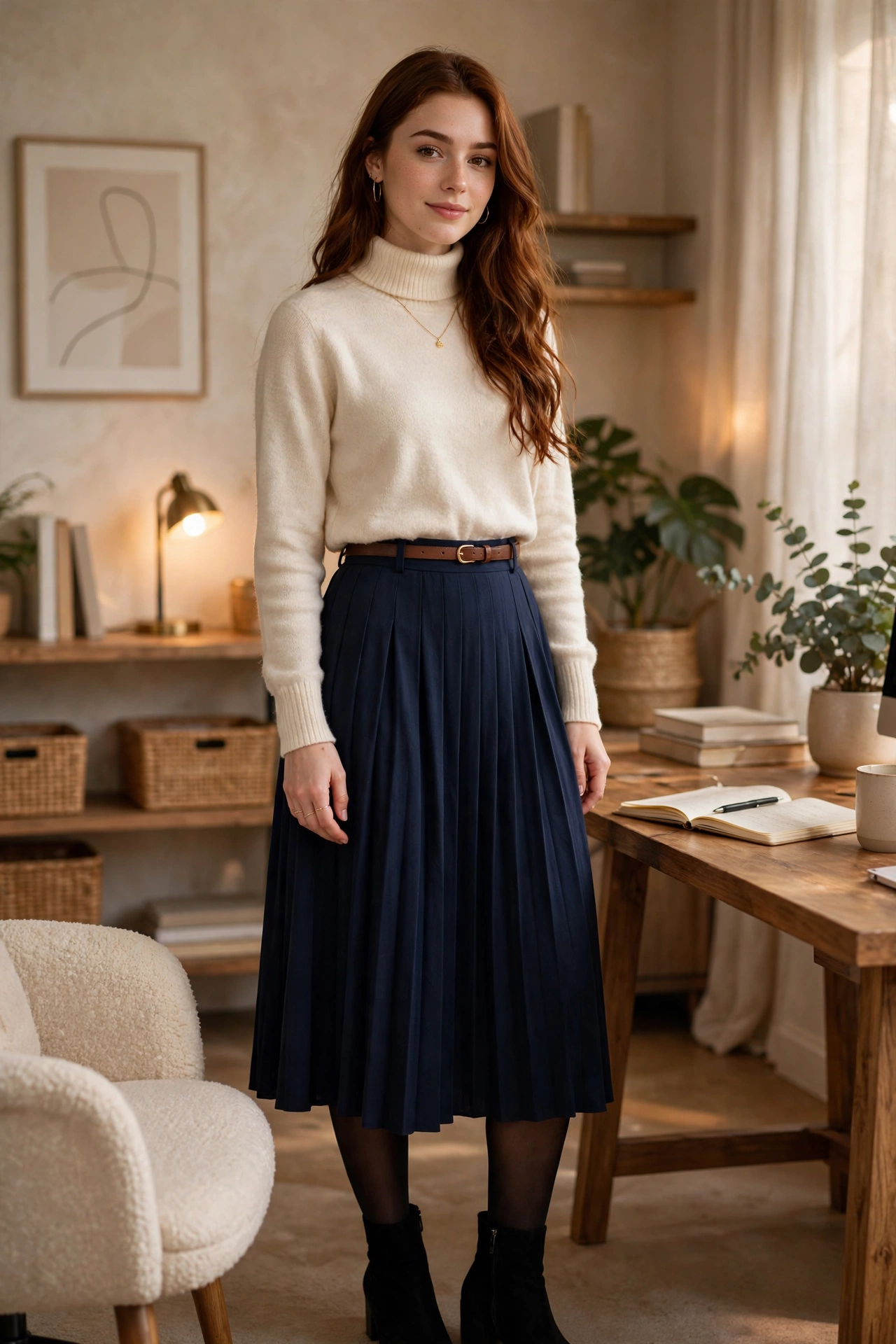 Woman in a cream turtleneck tucked into a navy pleated midi skirt with boots, feminine winter office outfit