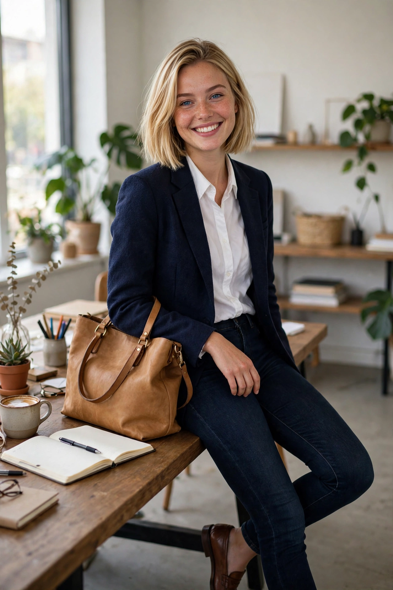 Woman in a navy blazer over a white shirt with dark jeans and loafers, smart casual Friday winter office outfit
