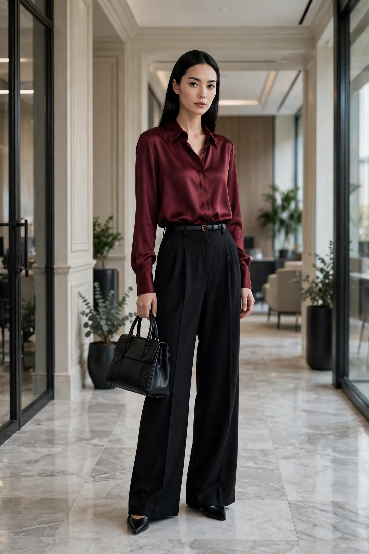 Woman wearing a burgundy silk blouse with black wide-leg trousers, modern winter office outfit