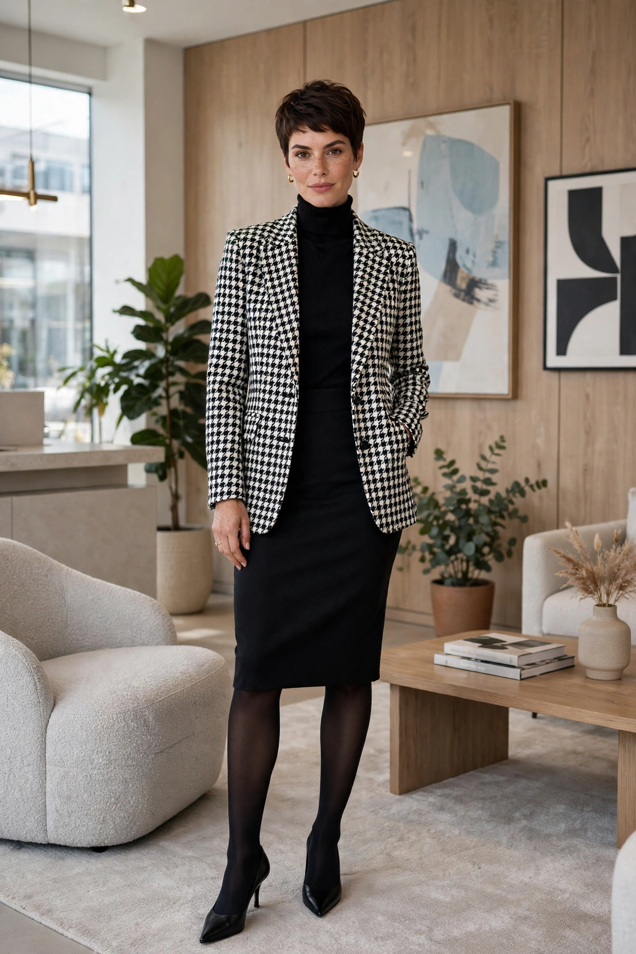 Woman in a houndstooth blazer with a black pencil skirt and turtleneck, chic winter office outfit