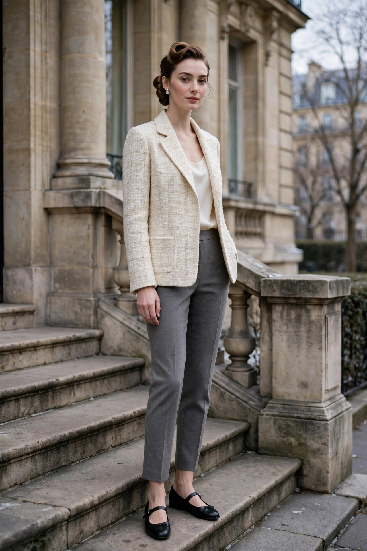 Woman wearing a tweed jacket over tailored gray pants with loafers, classic winter office outfit