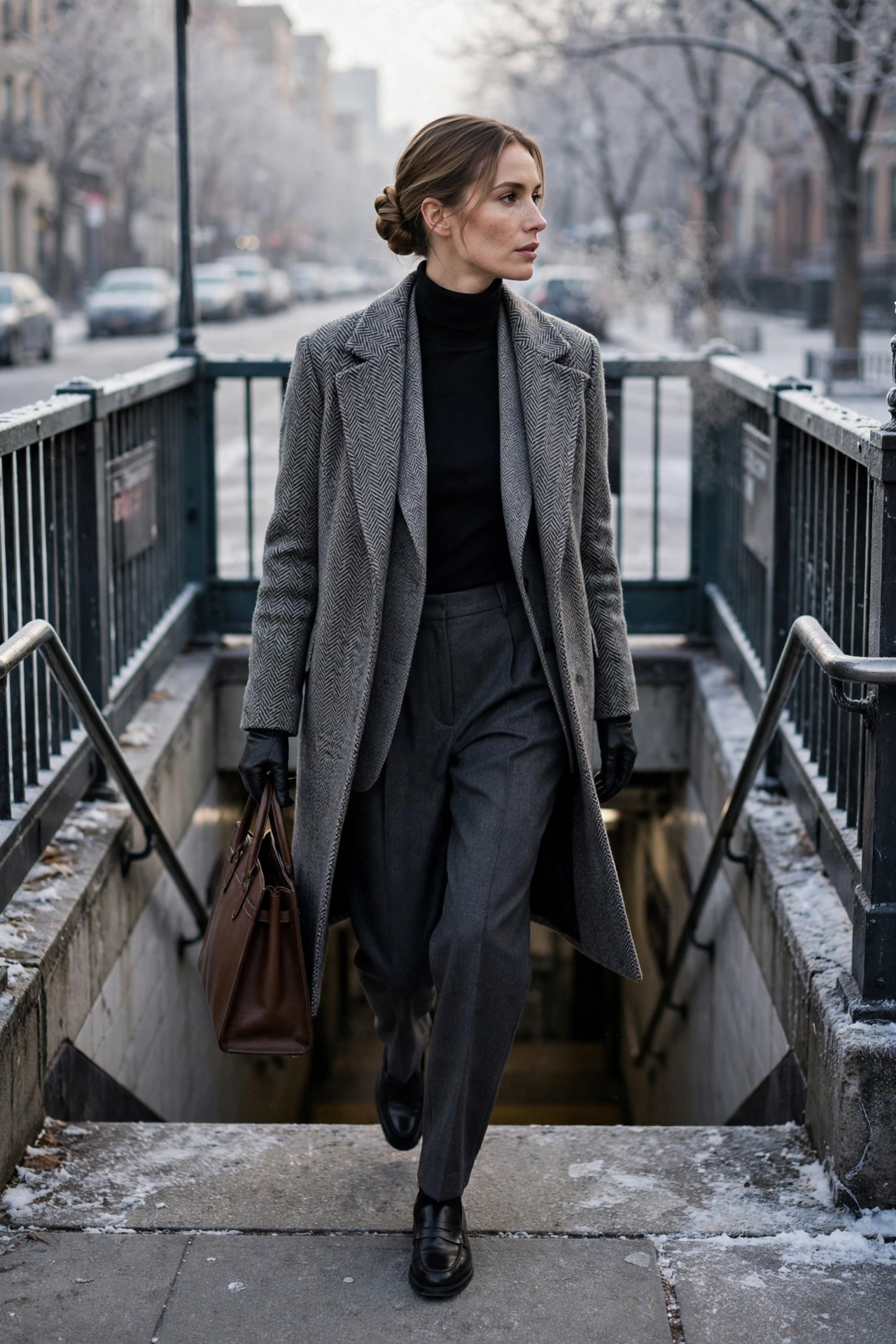 Woman wearing a gray herringbone wool coat over a black turtleneck with pleated trousers, commute-ready winter office outfit