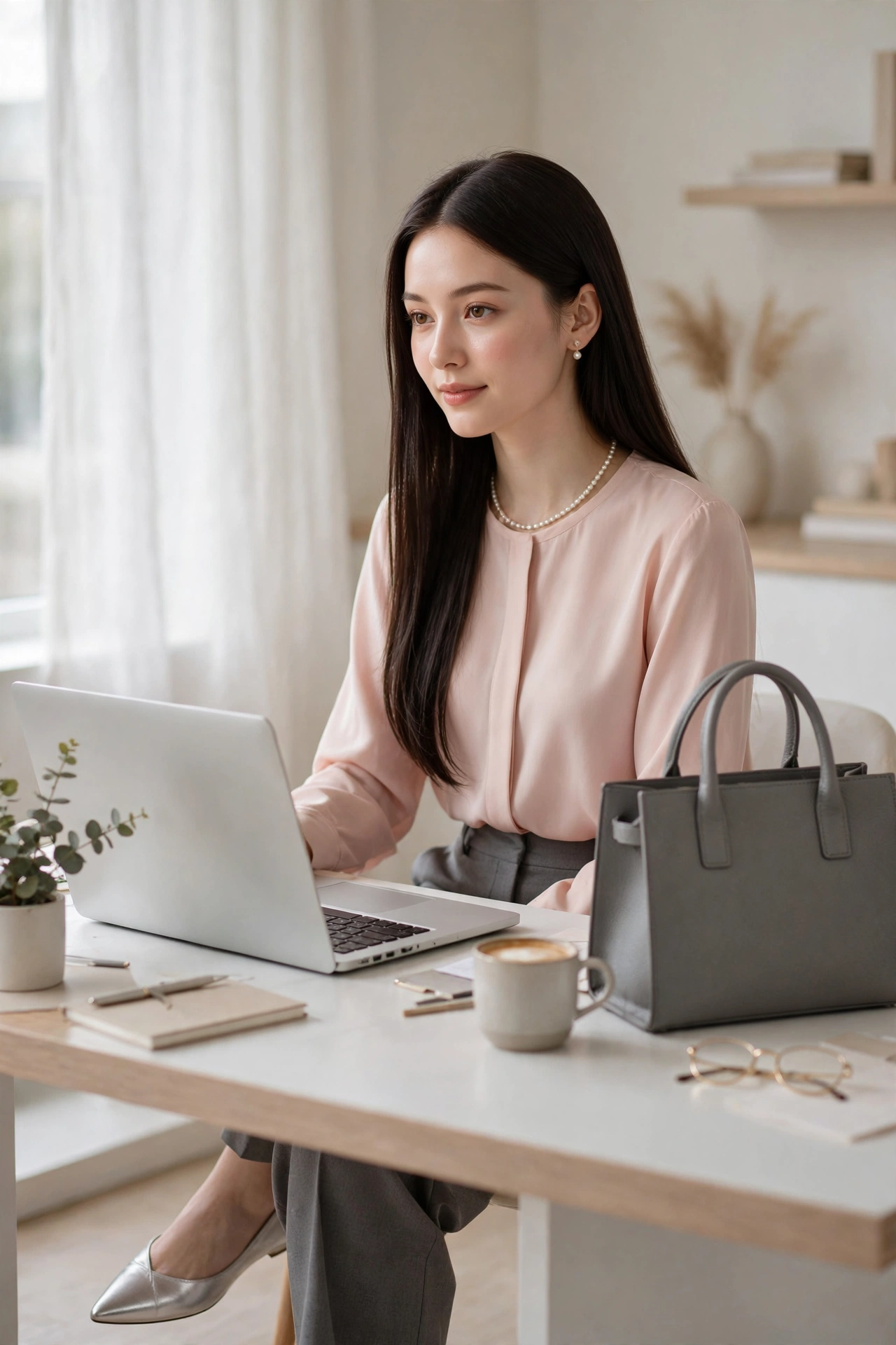Woman wearing a blush pink blouse tucked into tailored gray trousers, soft feminine winter office outfit