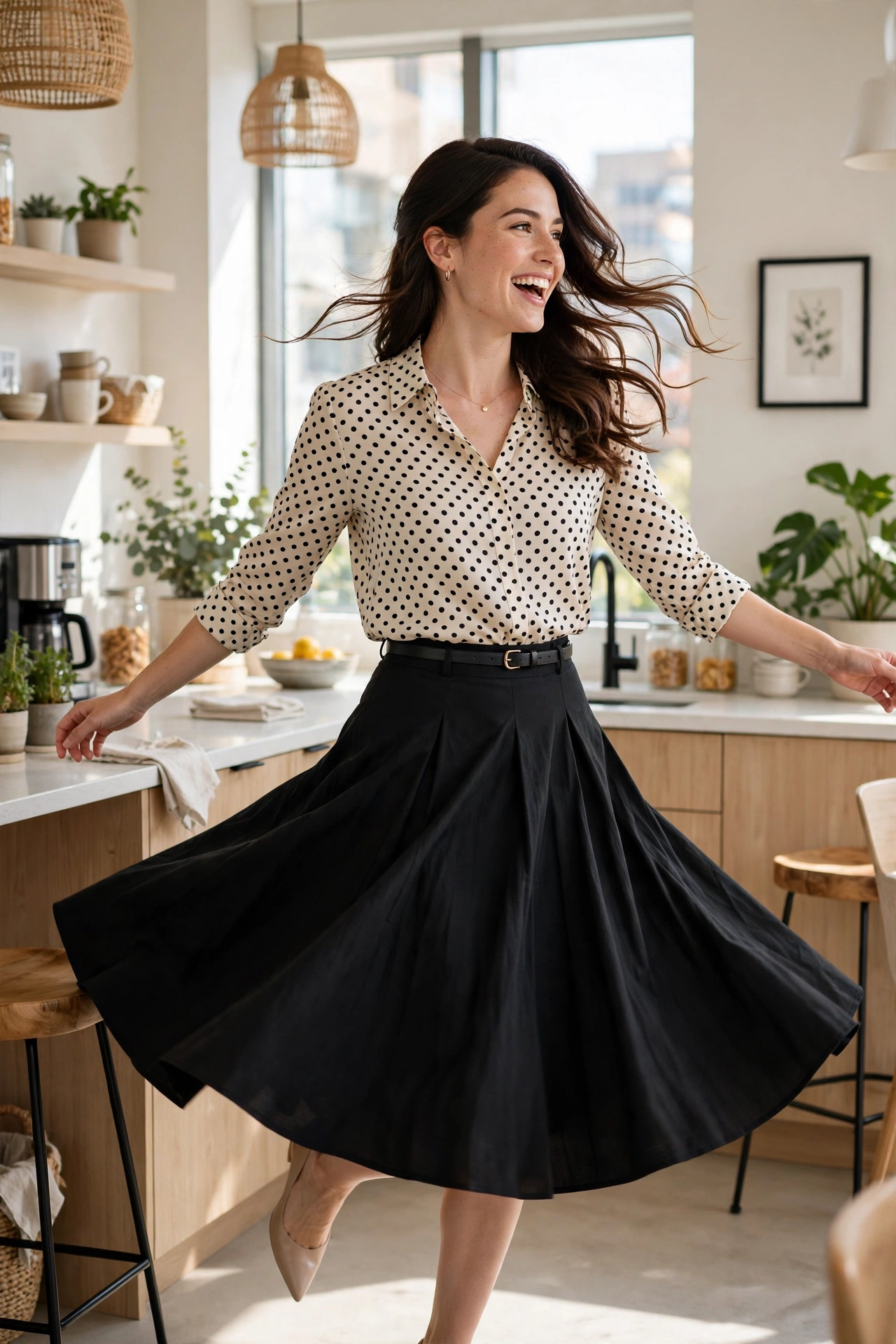 Woman wearing a polka dot blouse tucked into a black midi skirt with pointed flats, playful winter office outfit