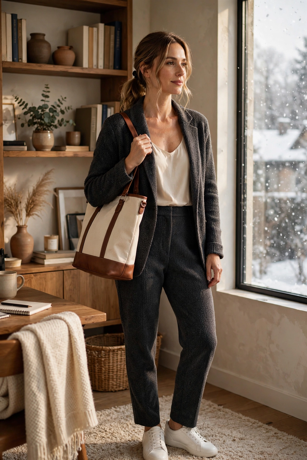Woman in a charcoal knit blazer over a shell top with tailored trousers, comfortable winter office outfit