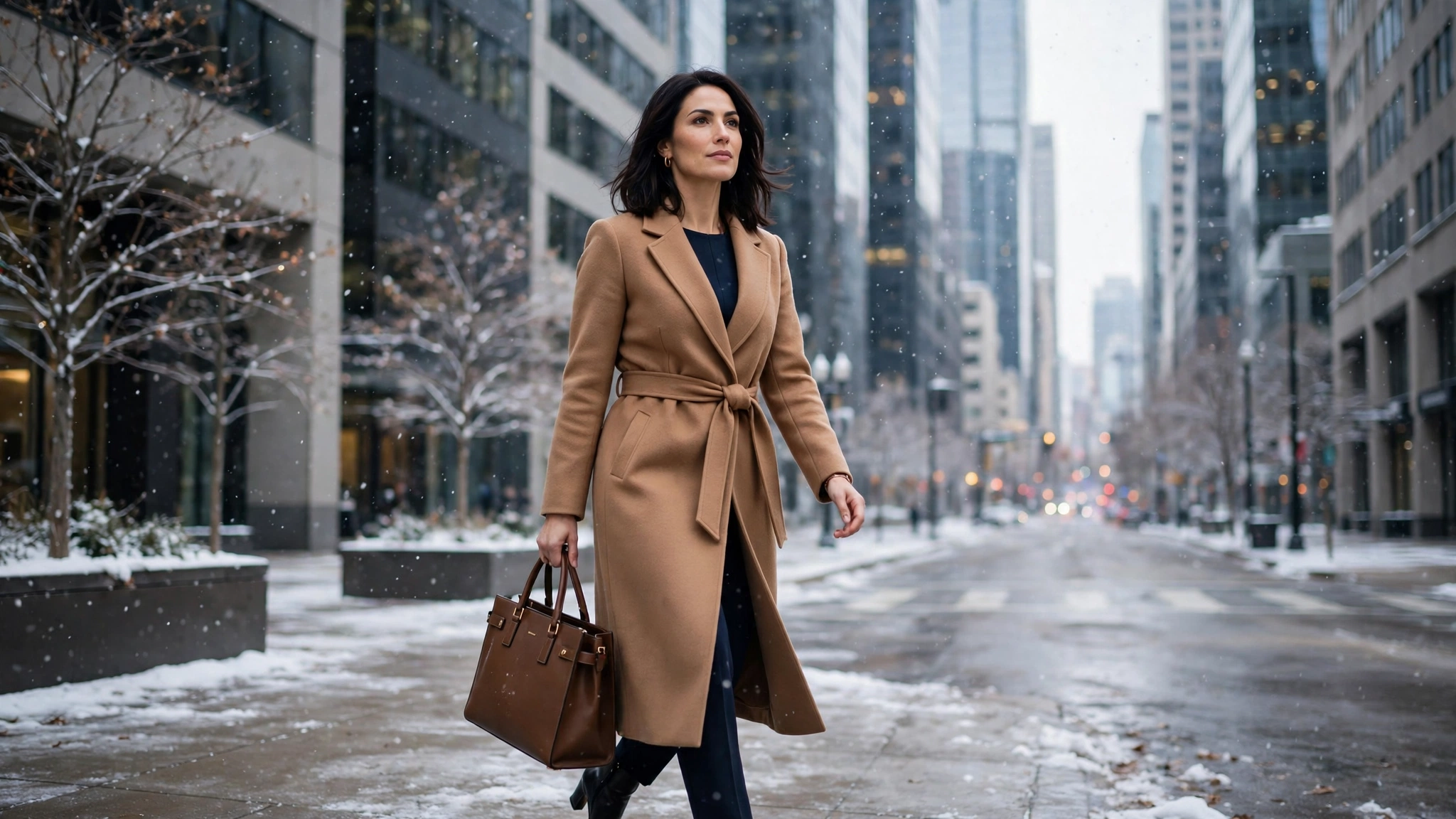 Winter office outfits for women: professional woman in a tailored blazer walking through a modern city in winter