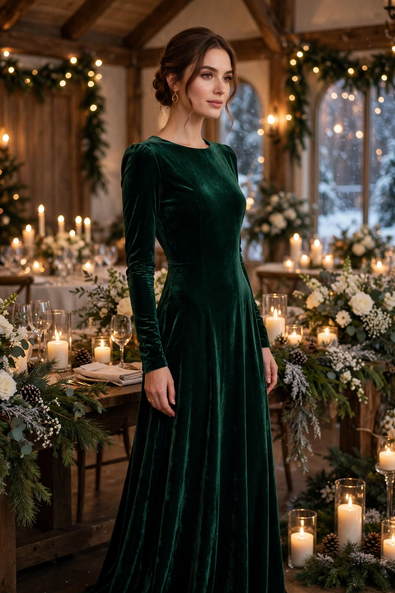 Emerald green velvet maxi gown as an elegant winter wedding guest outfit