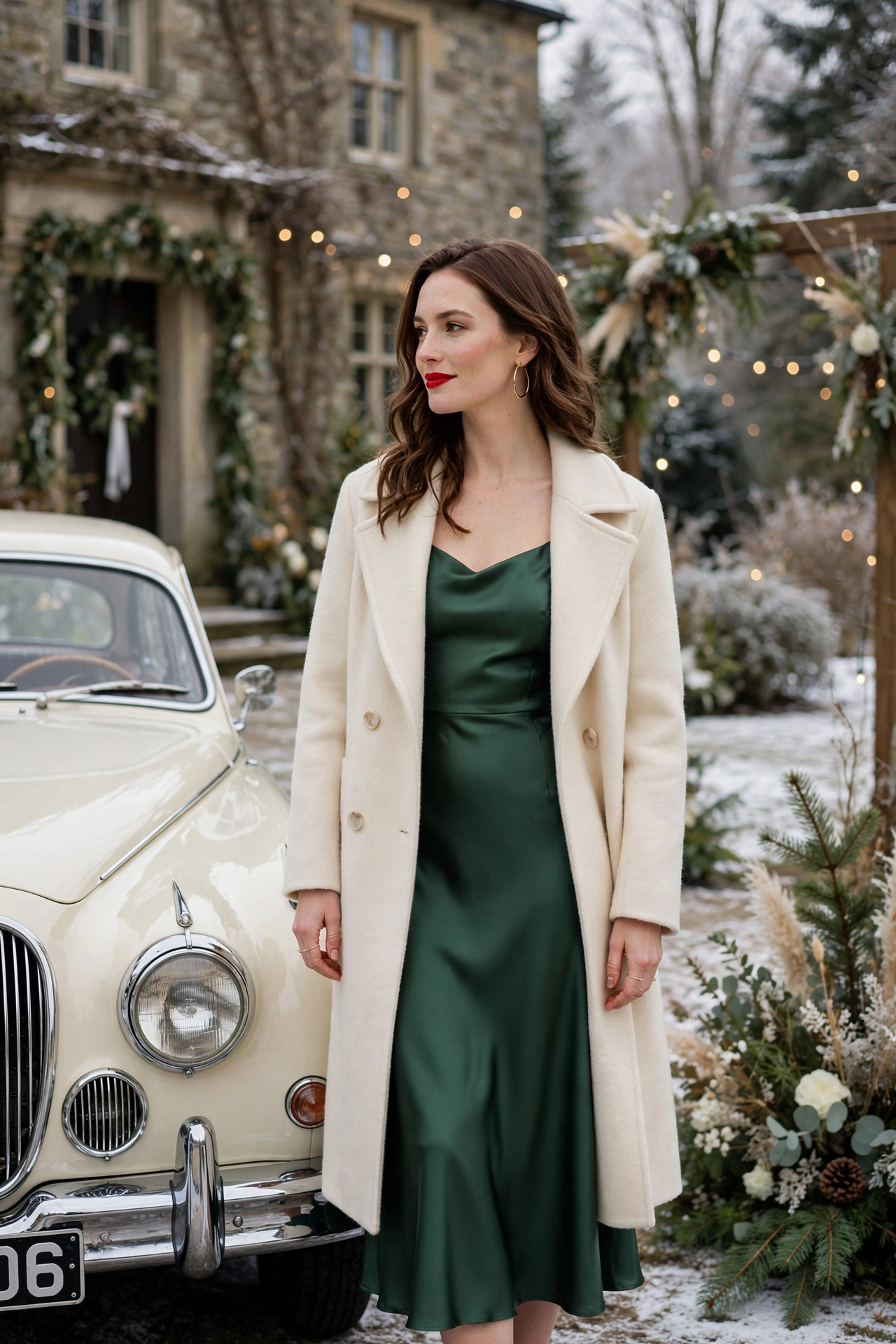 Forest green satin midi dress with wool coat winter wedding guest outfit
