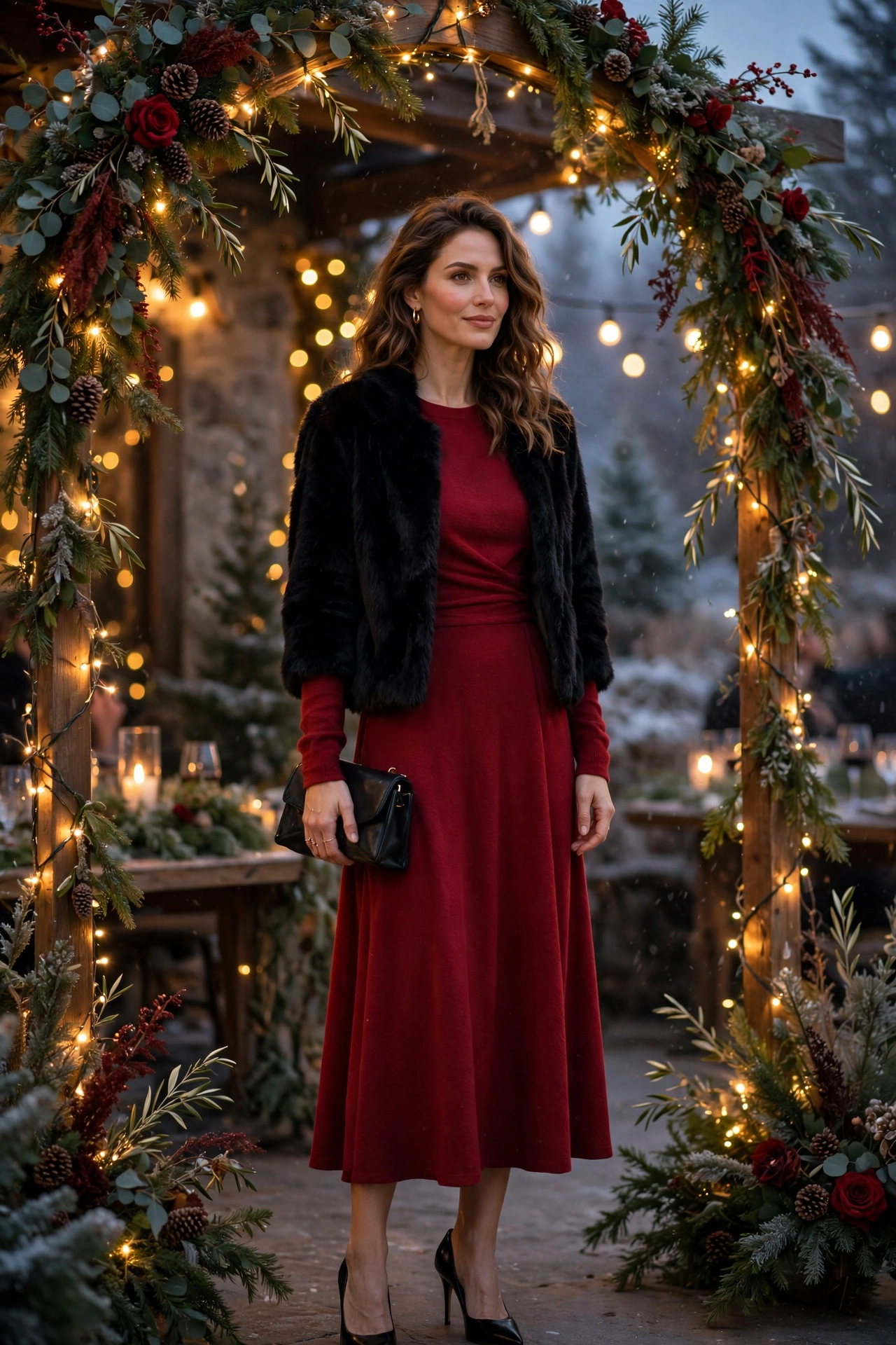 Deep red midi dress with faux fur jacket winter wedding guest outfit