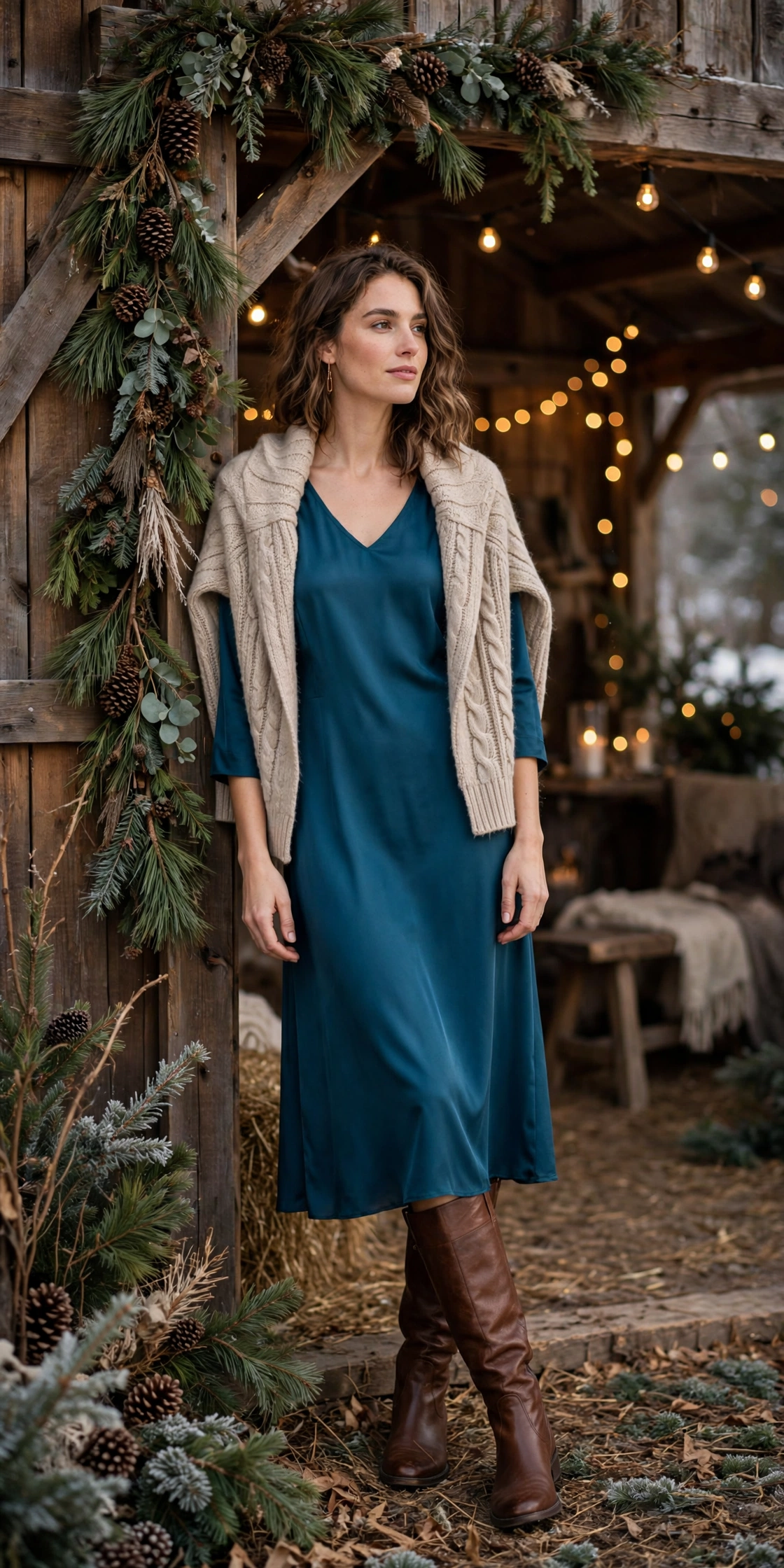 Teal midi dress with cozy layered winter wedding guest outfit