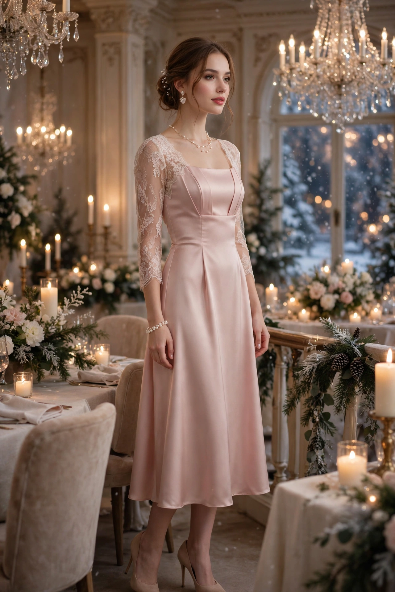 Blush pink satin midi dress winter wedding guest outfit