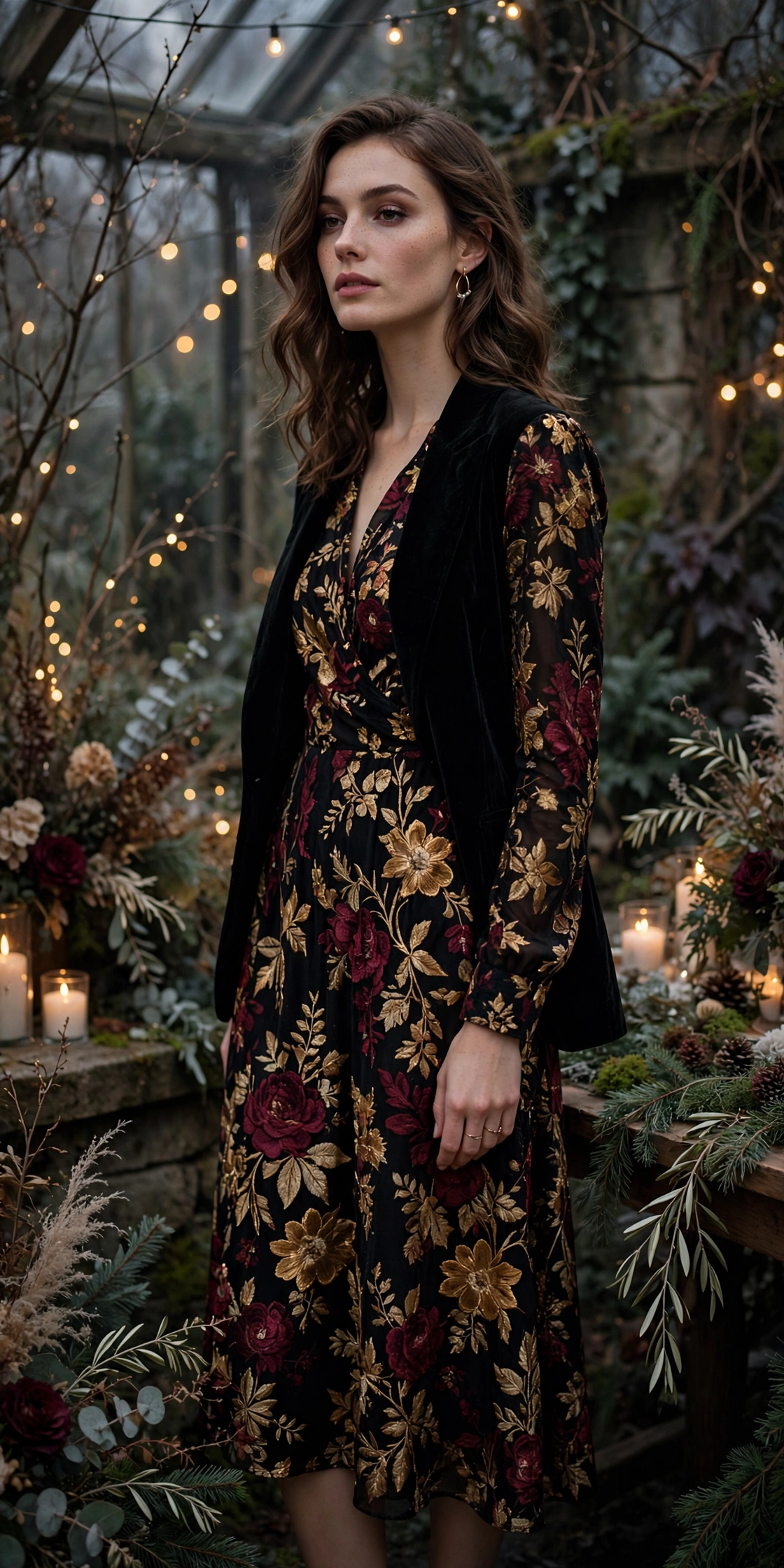 Dark floral midi dress with velvet blazer winter wedding guest outfit