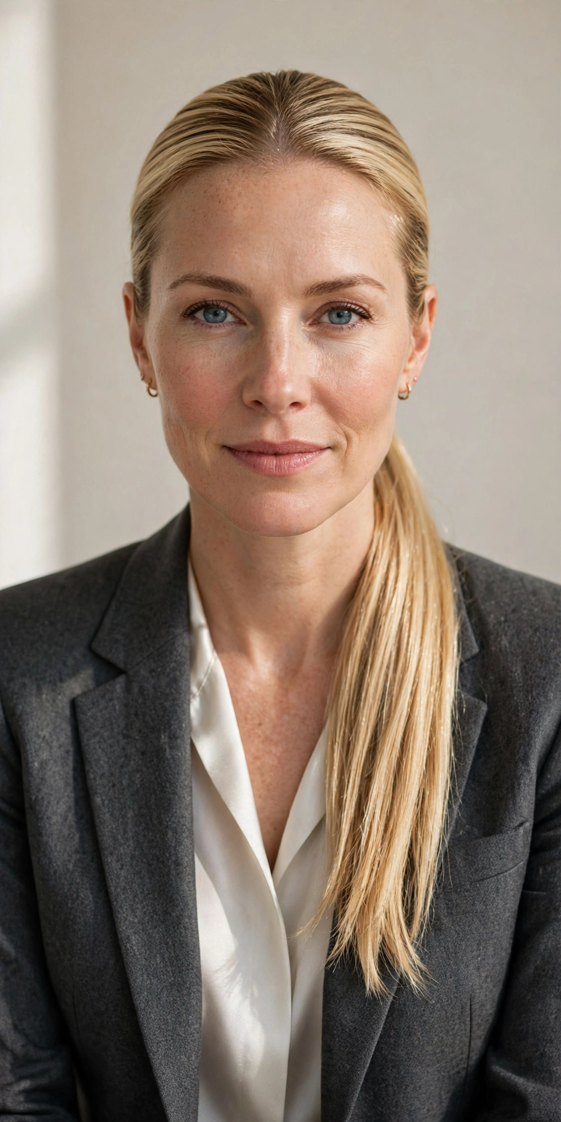 Woman with a polished low ponytail, a refined work hairstyle