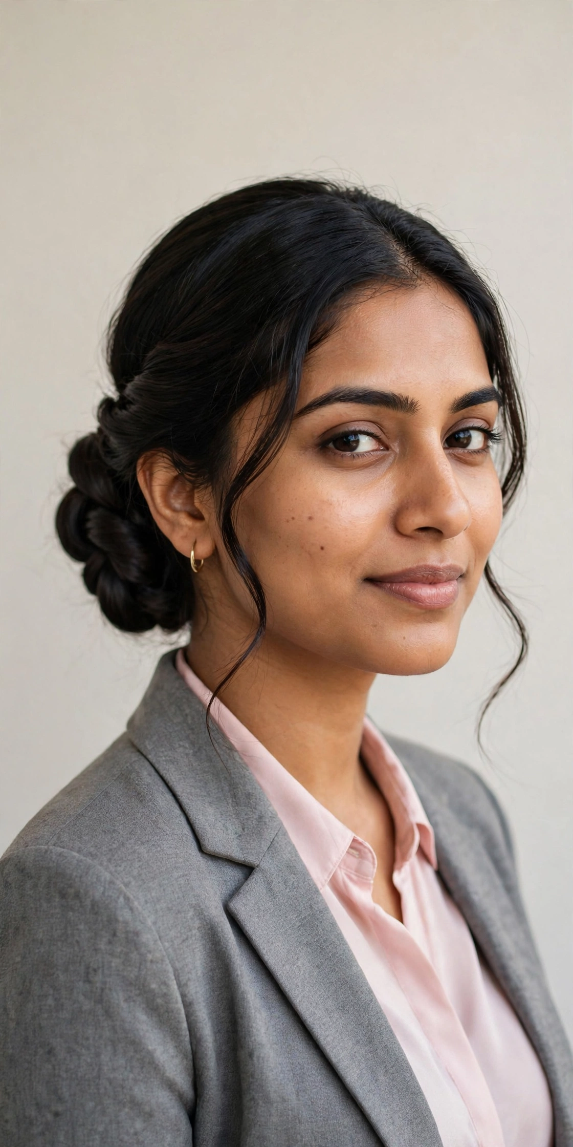 Woman with a twisted low updo, a refined work hairstyle
