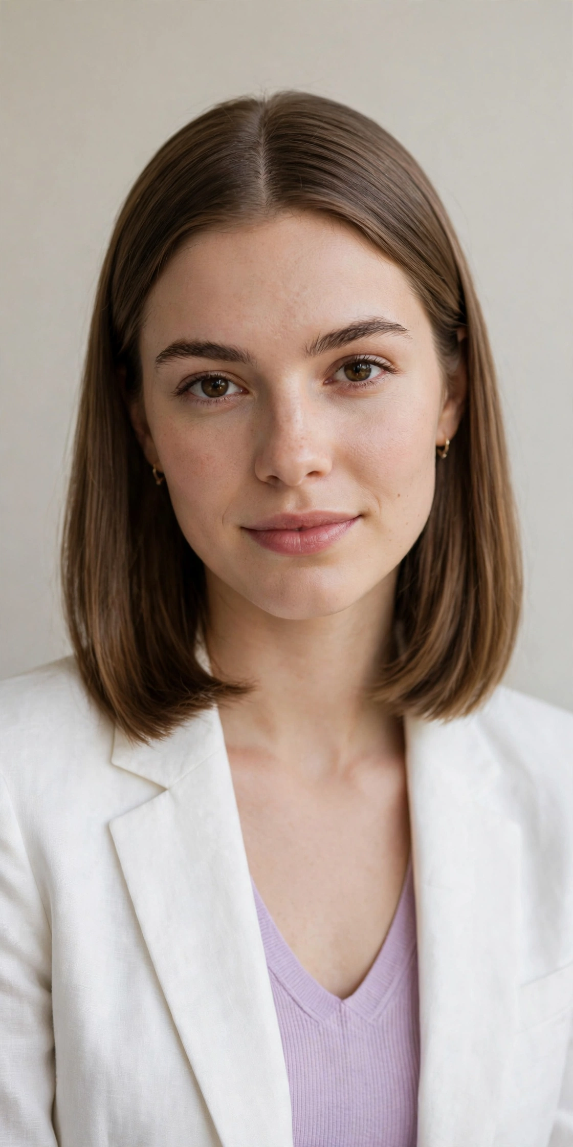 Woman with a straight sleek lob, a modern work hairstyle